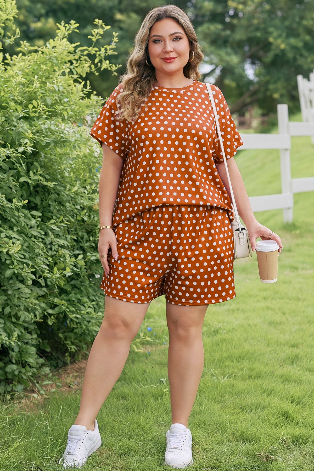 Brown Polka Dot Print Dropped Shoulder Tee Plus Size Short Set