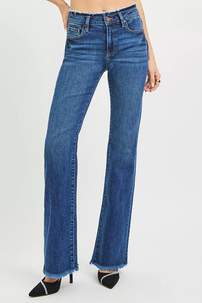 RISEN Mid Rise Bootcut Frayed Waistband Hem Detail Jeans