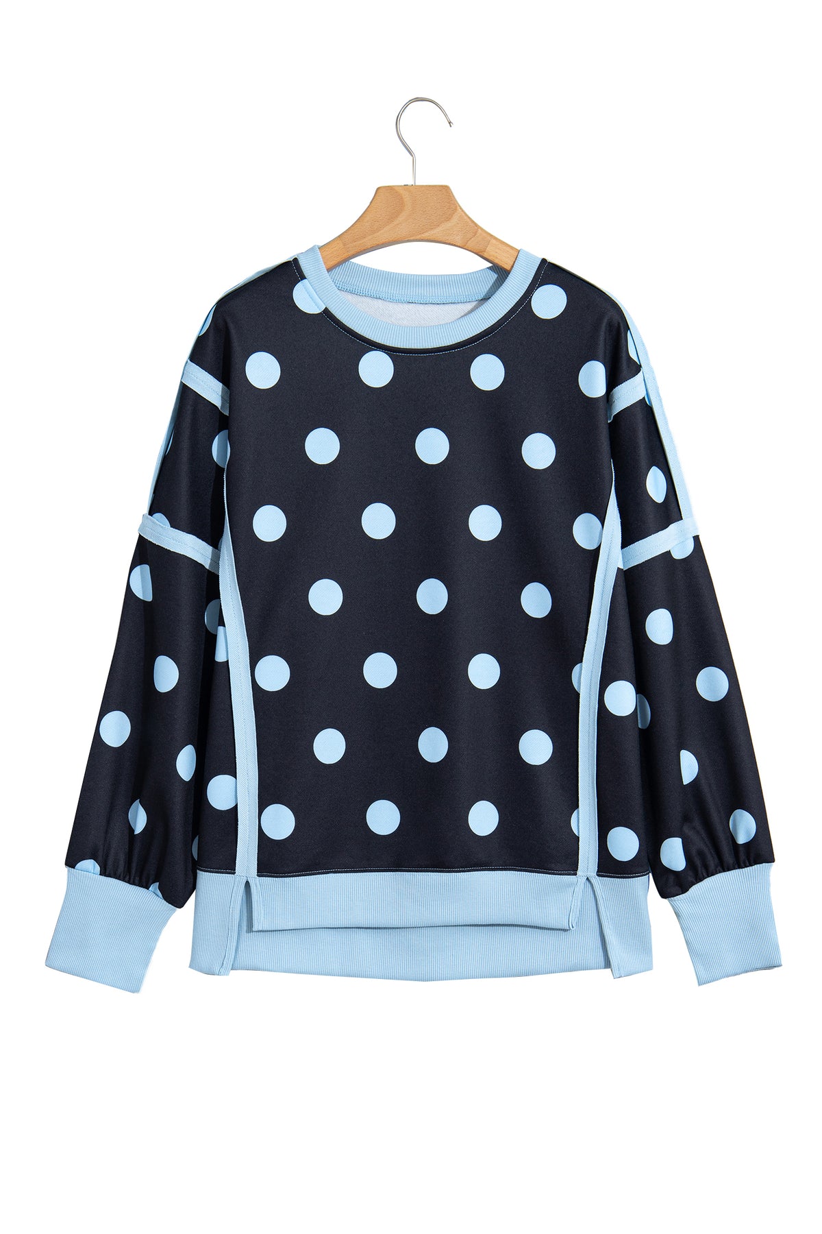 White Polka Dot Contrast Patchwork Round Neck Baggy Sweatshirt