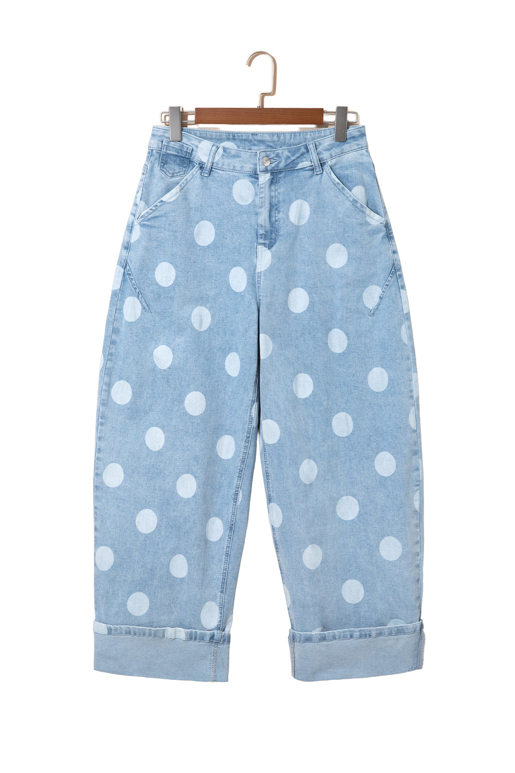 Brown Polka Dot Ankle-Length Metal Button Casual Jeans