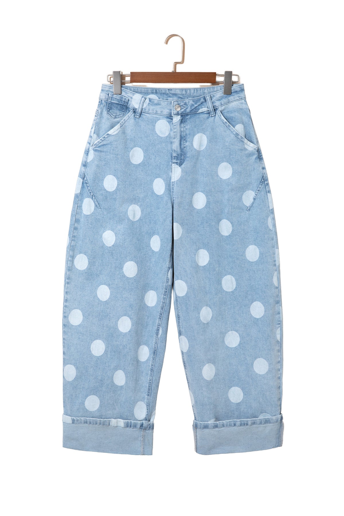 Brown Polka Dot Ankle-Length Metal Button Casual Jeans