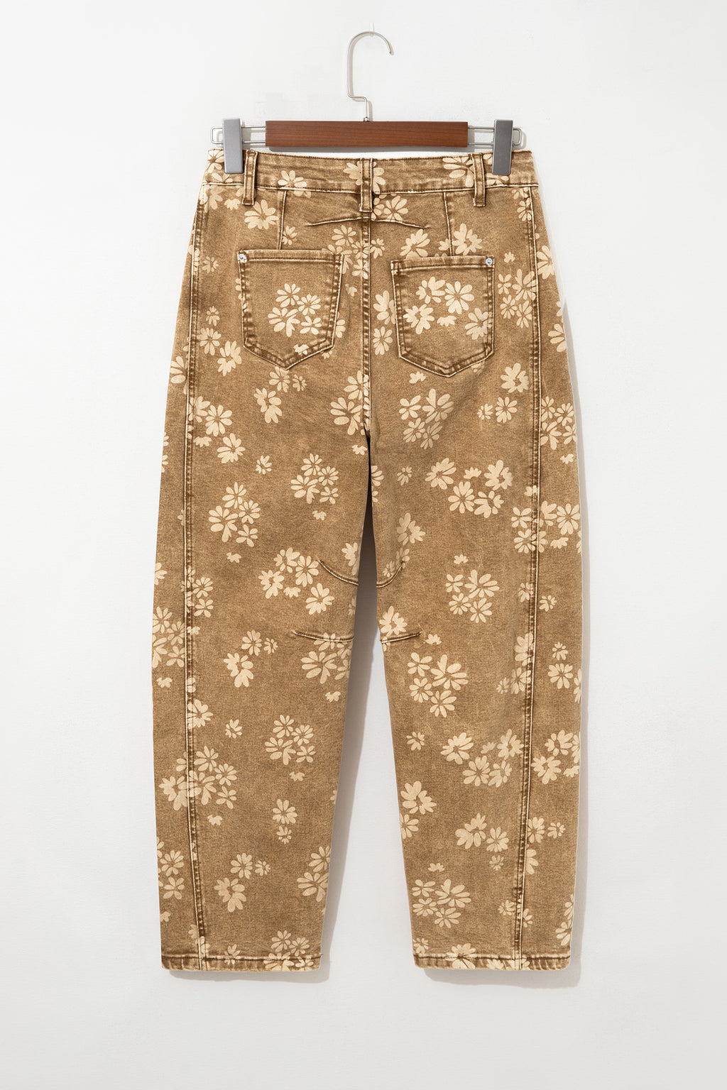 Khaki Floral Print Metal Button Pleated Straight Leg Jeans