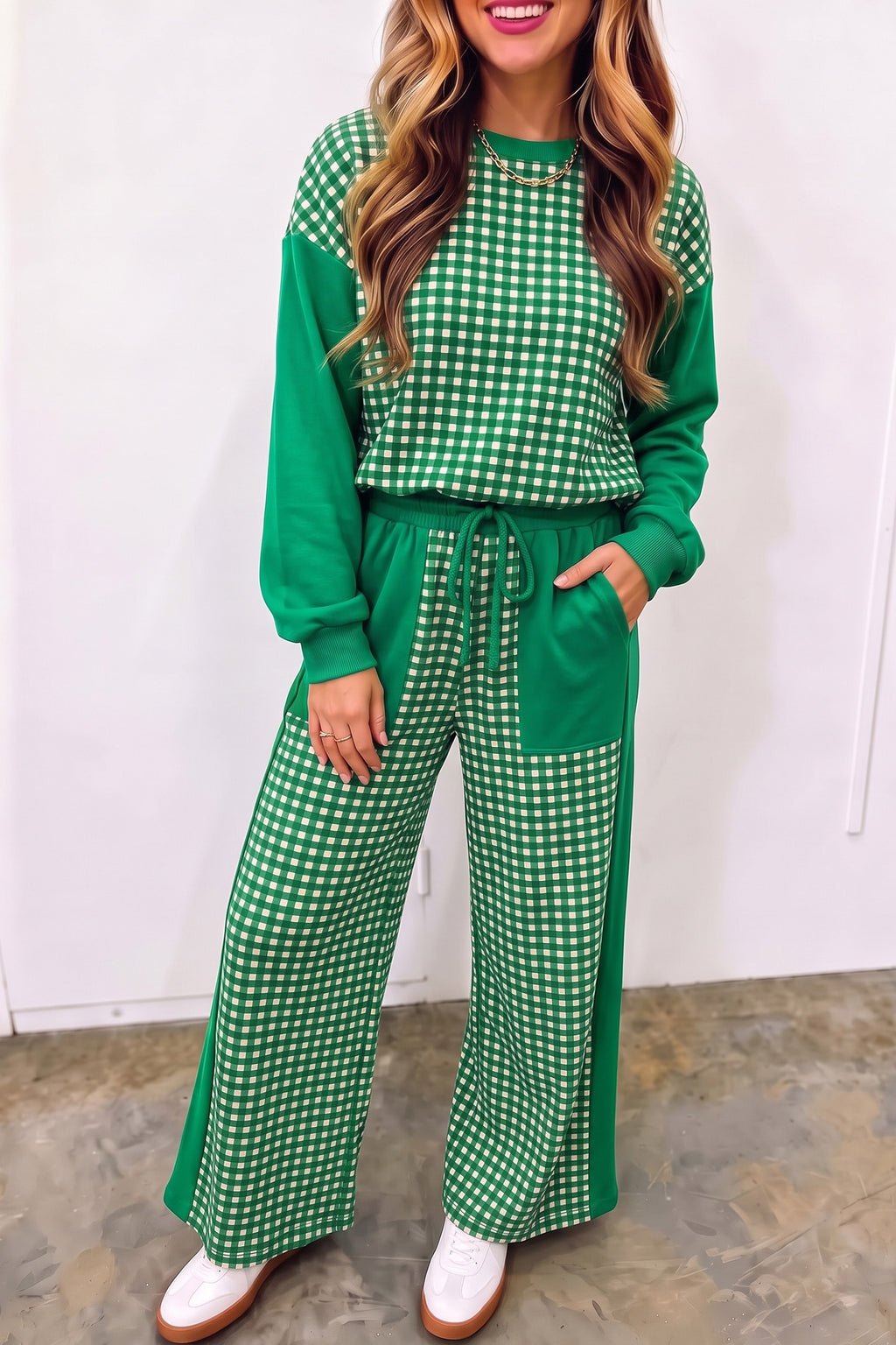 Khaki Color Block Plaid Patchwork Long Sleeve Pullover Wide Leg Pant Set