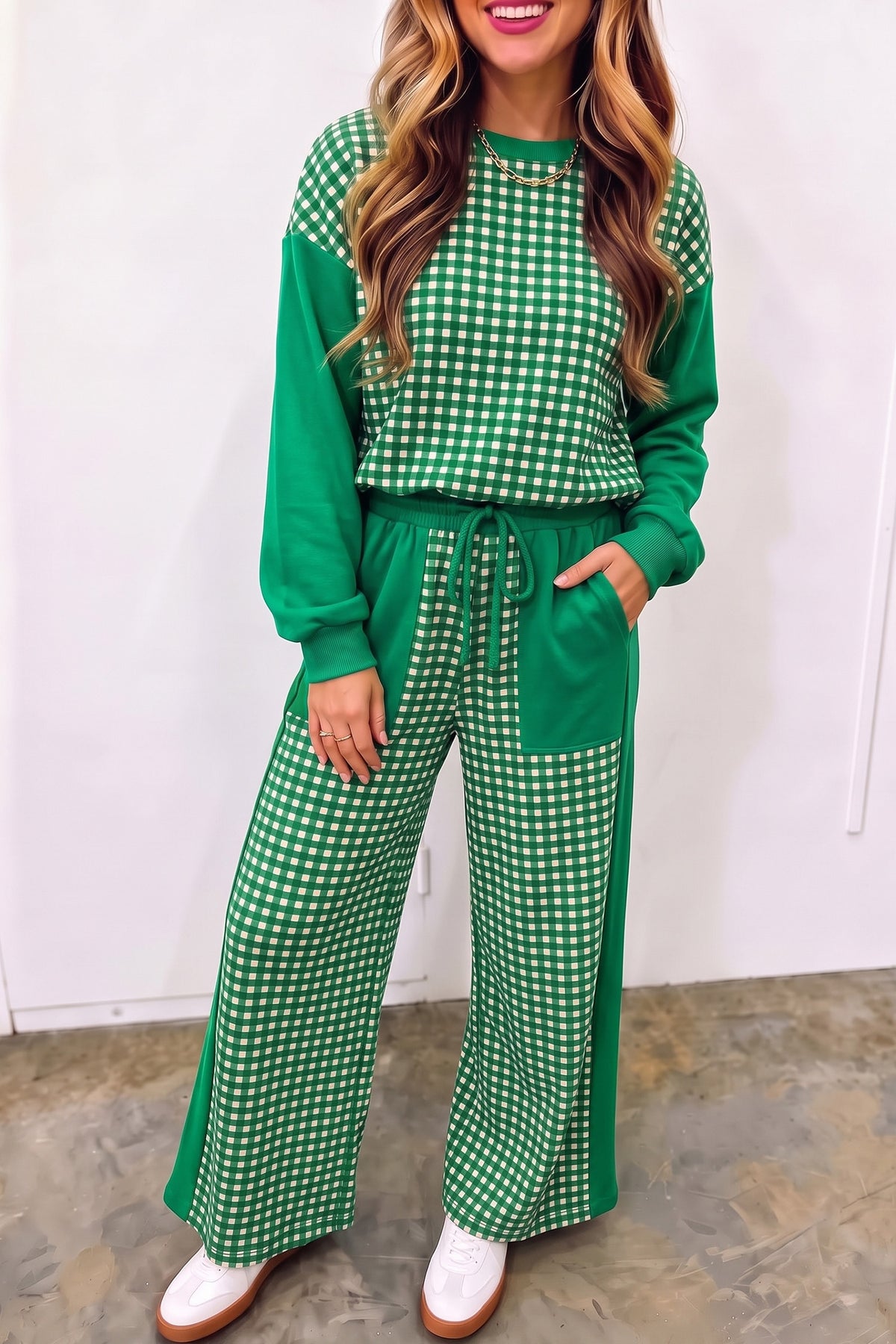 Khaki Color Block Plaid Patchwork Long Sleeve Pullover Wide Leg Pant Set