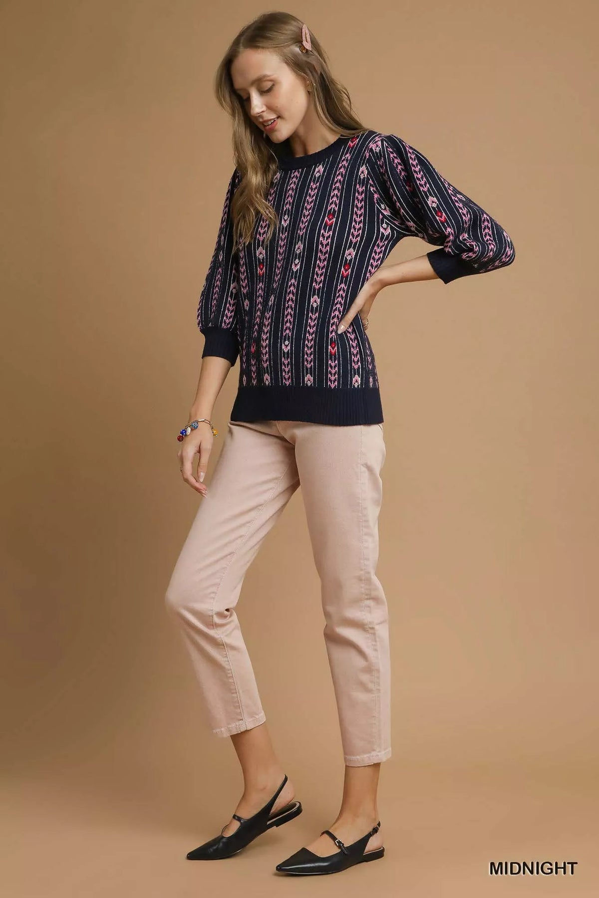Umgee Jacquard Knit Puff Sleeve Sweater