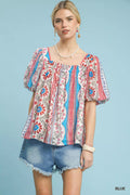 Umgee Patchwork Puff Sleeve Smocked Blouse