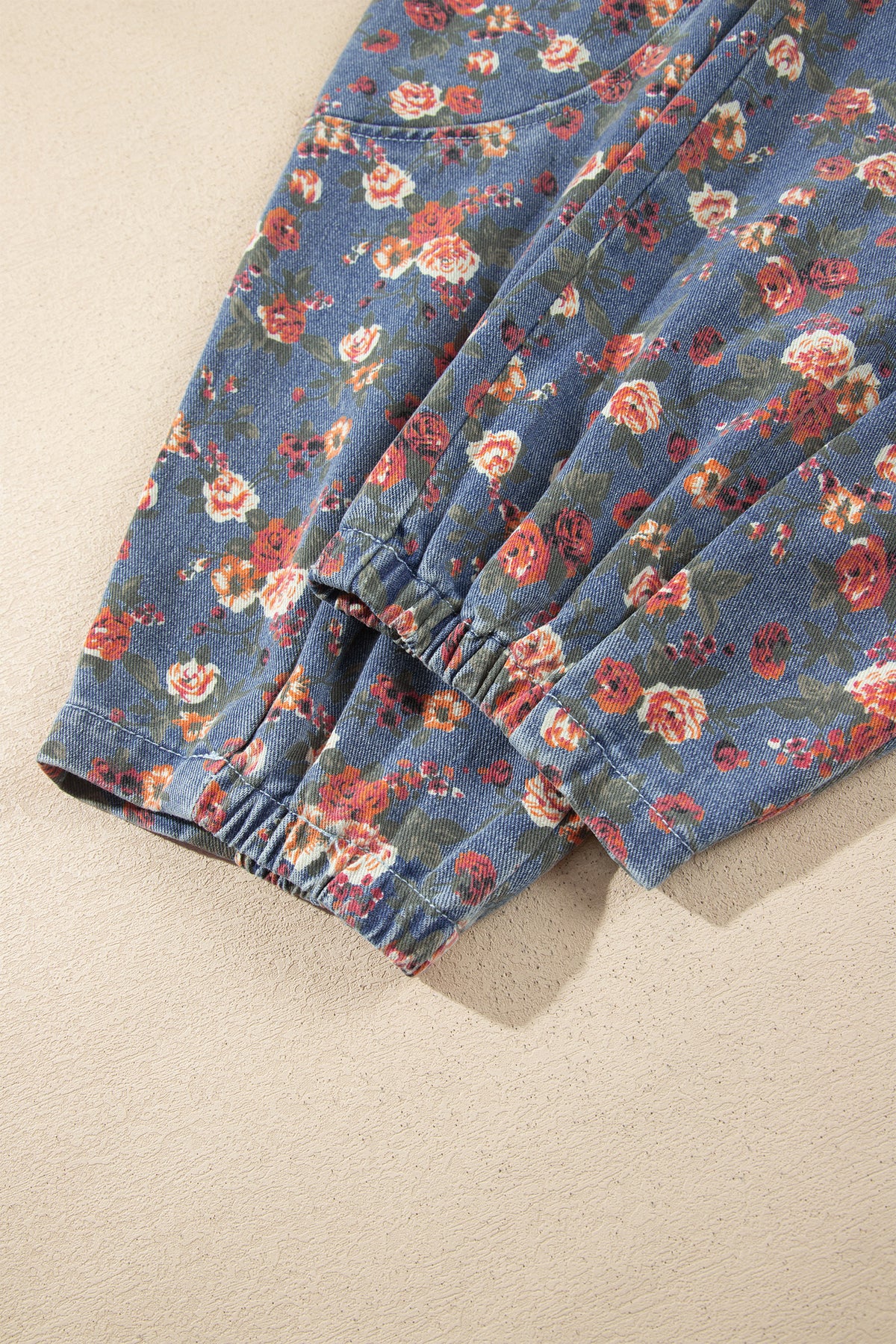 Beau Blue Retro Floral Print Elastic Waist Pocketed Barrel Jeans