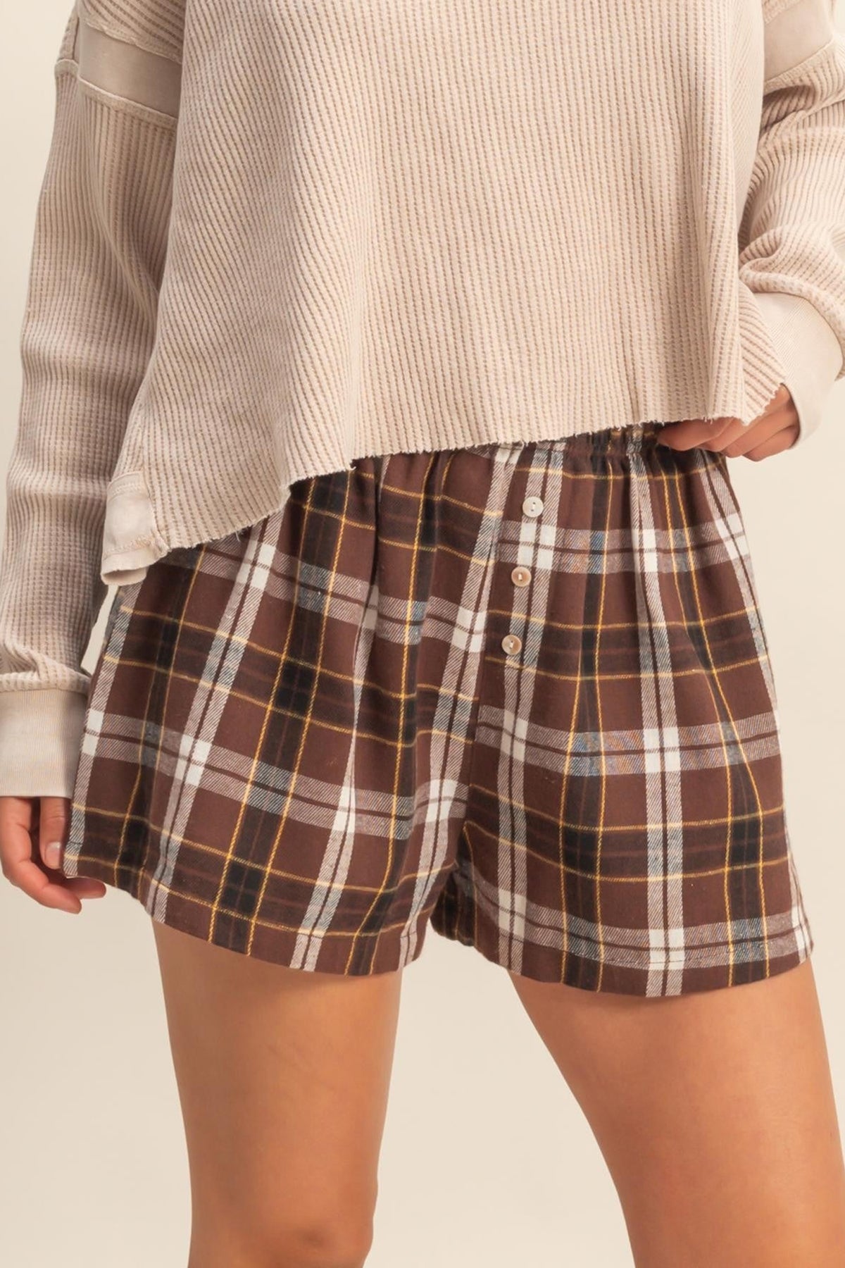 Brown Plaid Button Front Elastic Waist Shorts