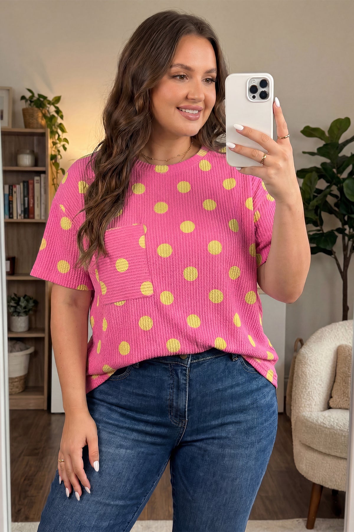 Sky Blue Twisted Rib Polka Dot Print Plus Size T Shirt
