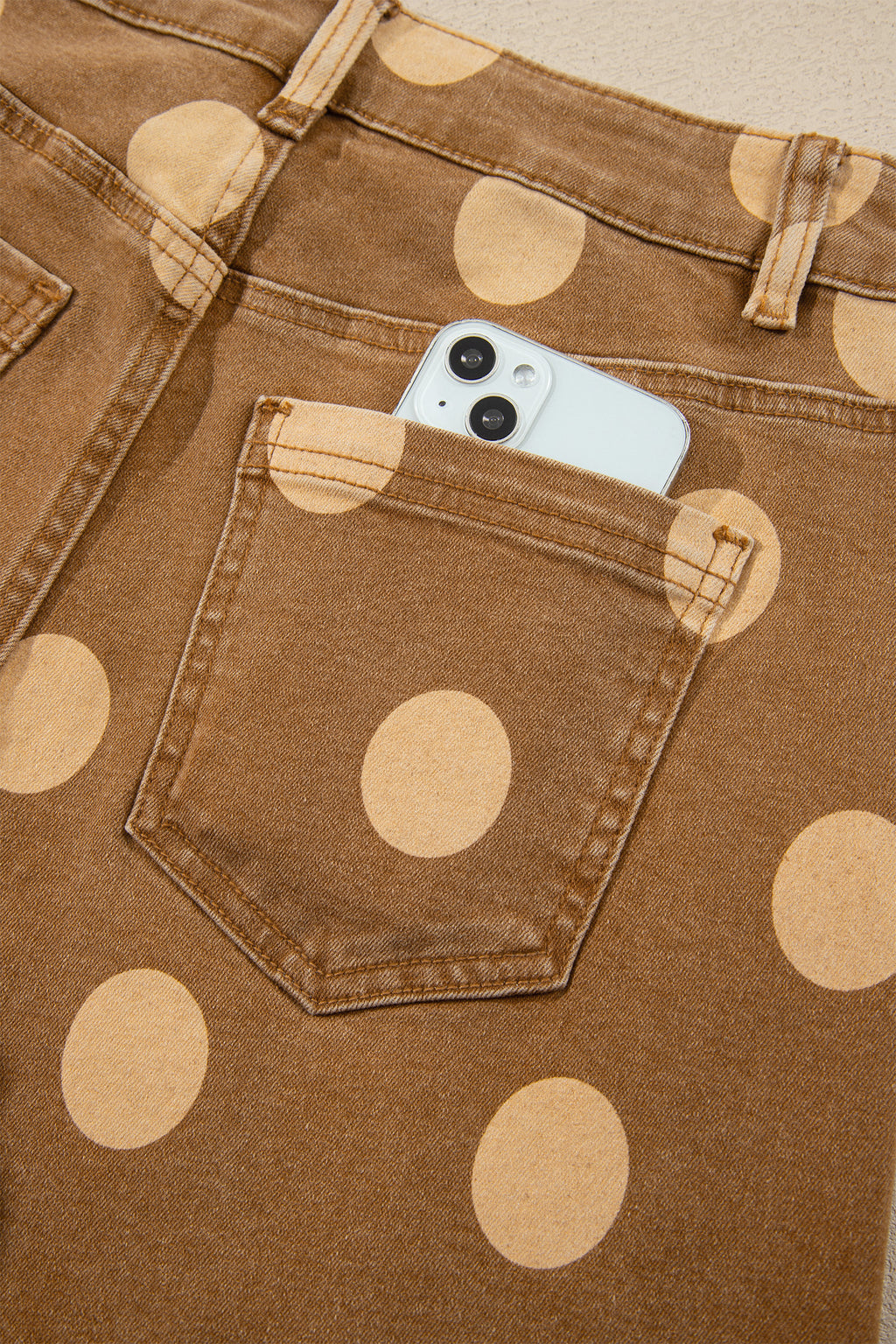 Brown Polka Dot Ankle-Length Metal Button Casual Jeans