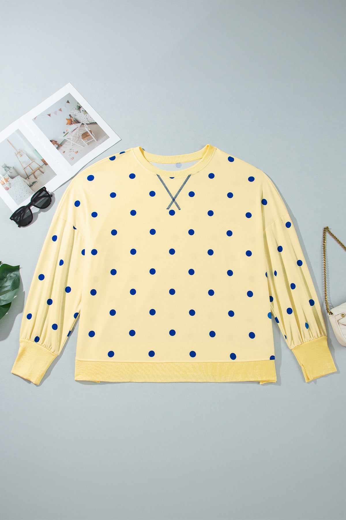 Beige Round Neck Long Sleeve Polka Dot Plus Size Top