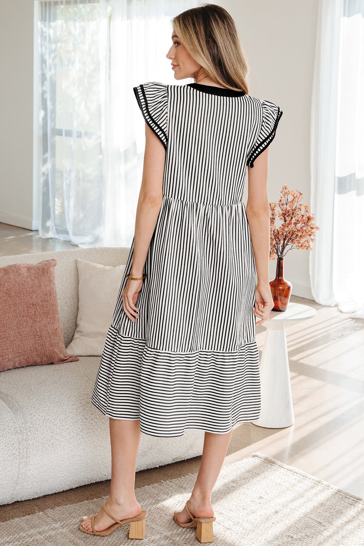 Green Stripe Double Ruffled Short Sleeve Contrast Trim V Neck Midi Dress