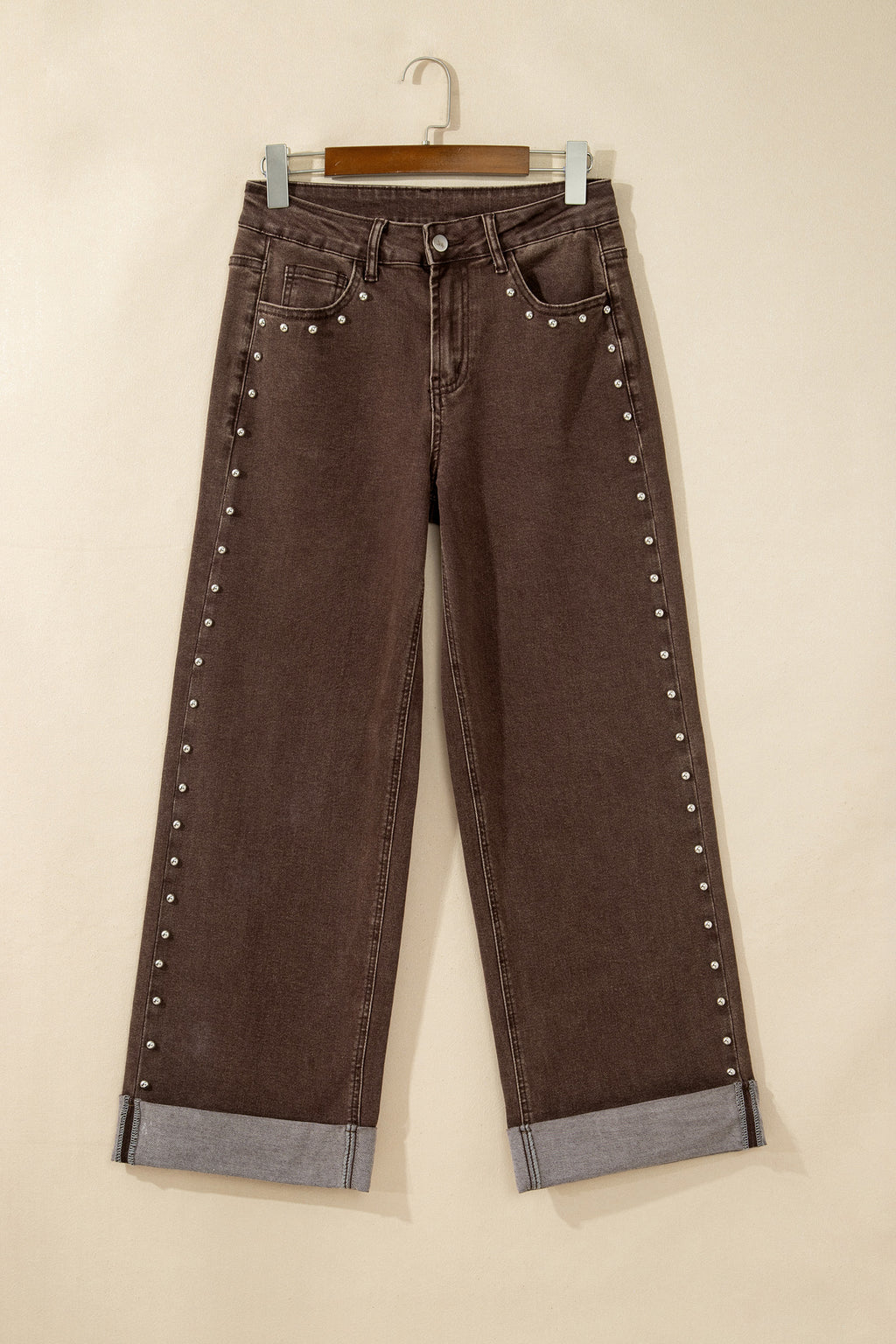 Coffee Studded Detail Straight Leg Casual Loose Jeans