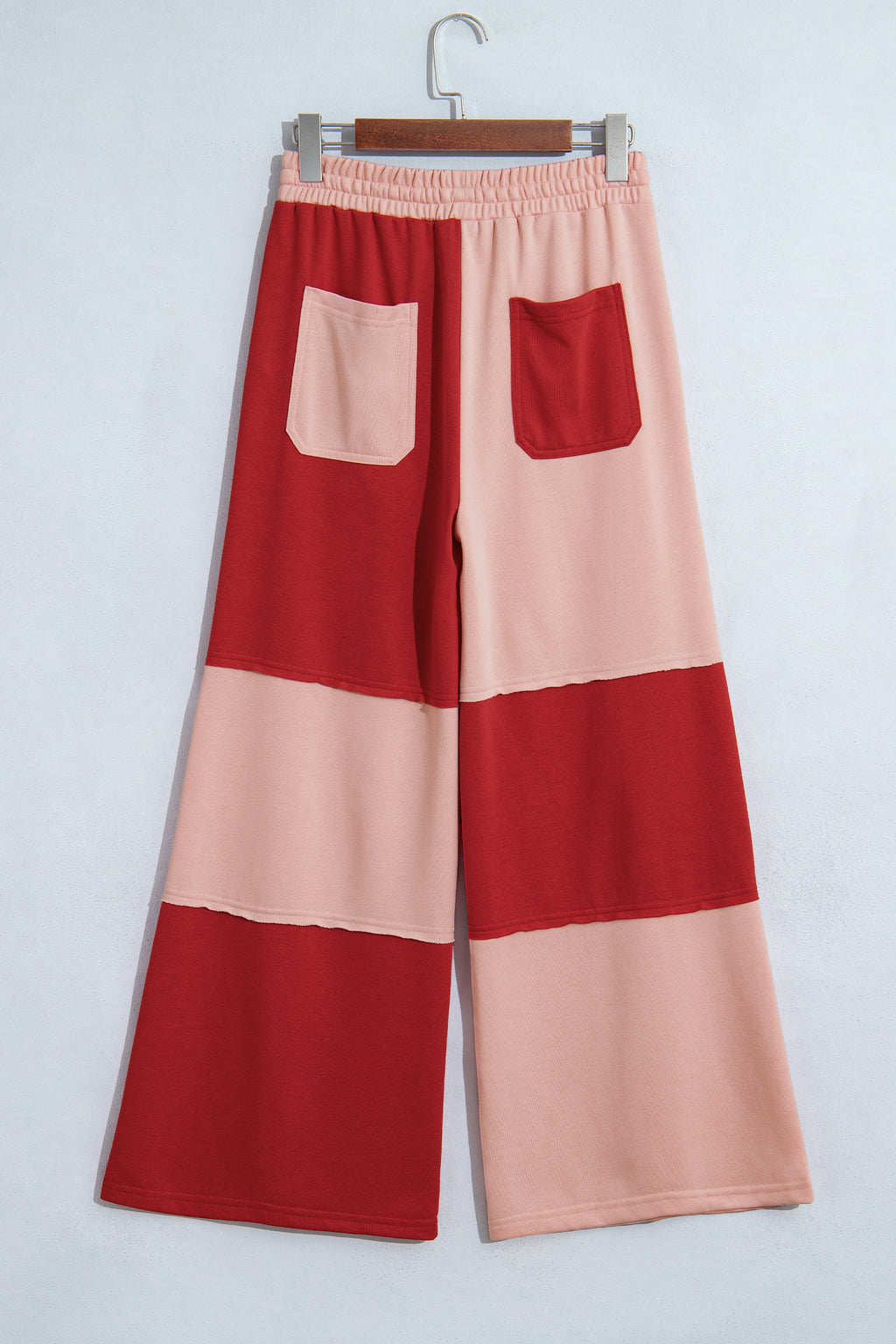Fiery Red Raw Seam Colorblock Wide Leg Ankle Length Casual Pants