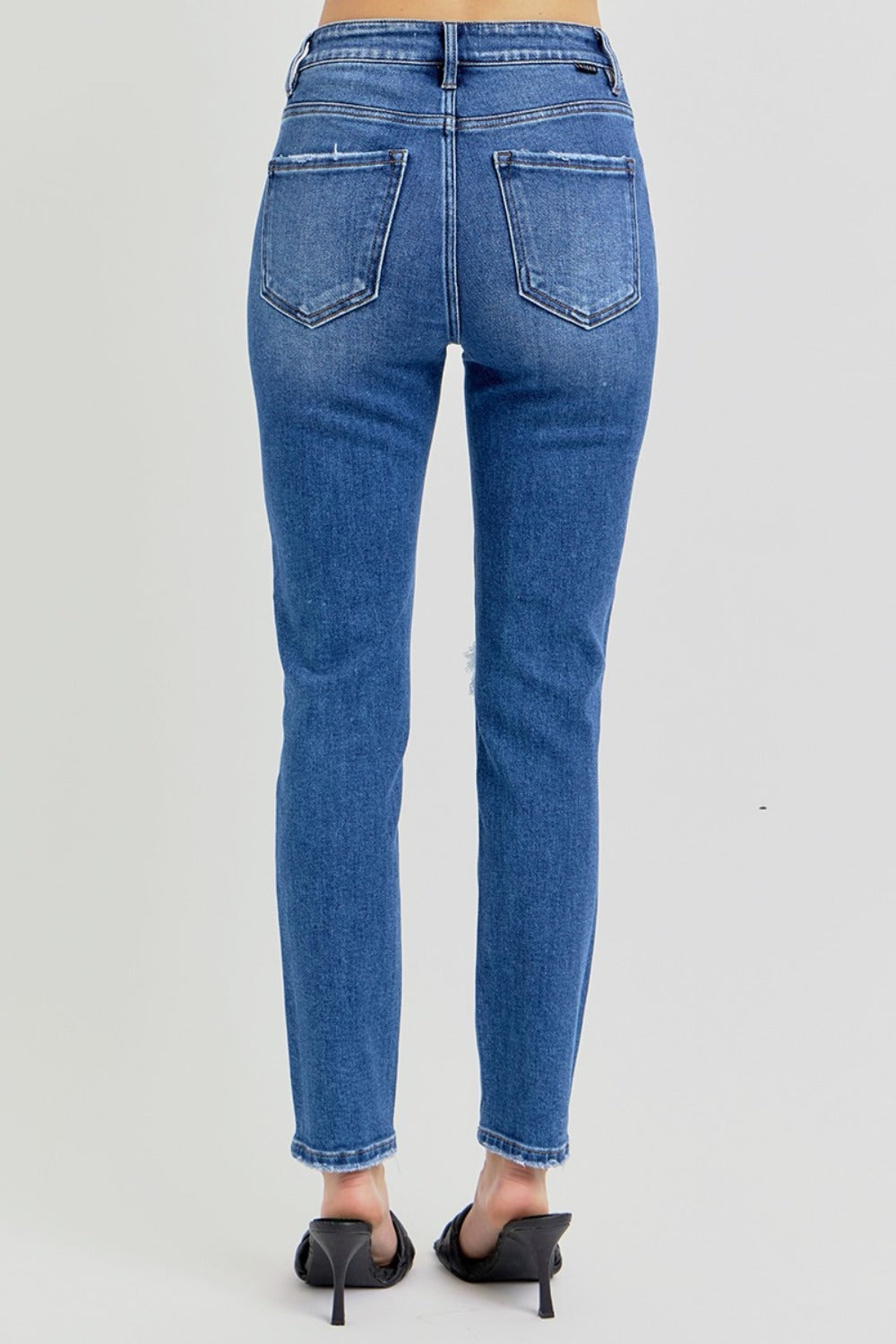 RISEN High Rise Ankle Skinny Knee Distressed Blue Denim Jeans
