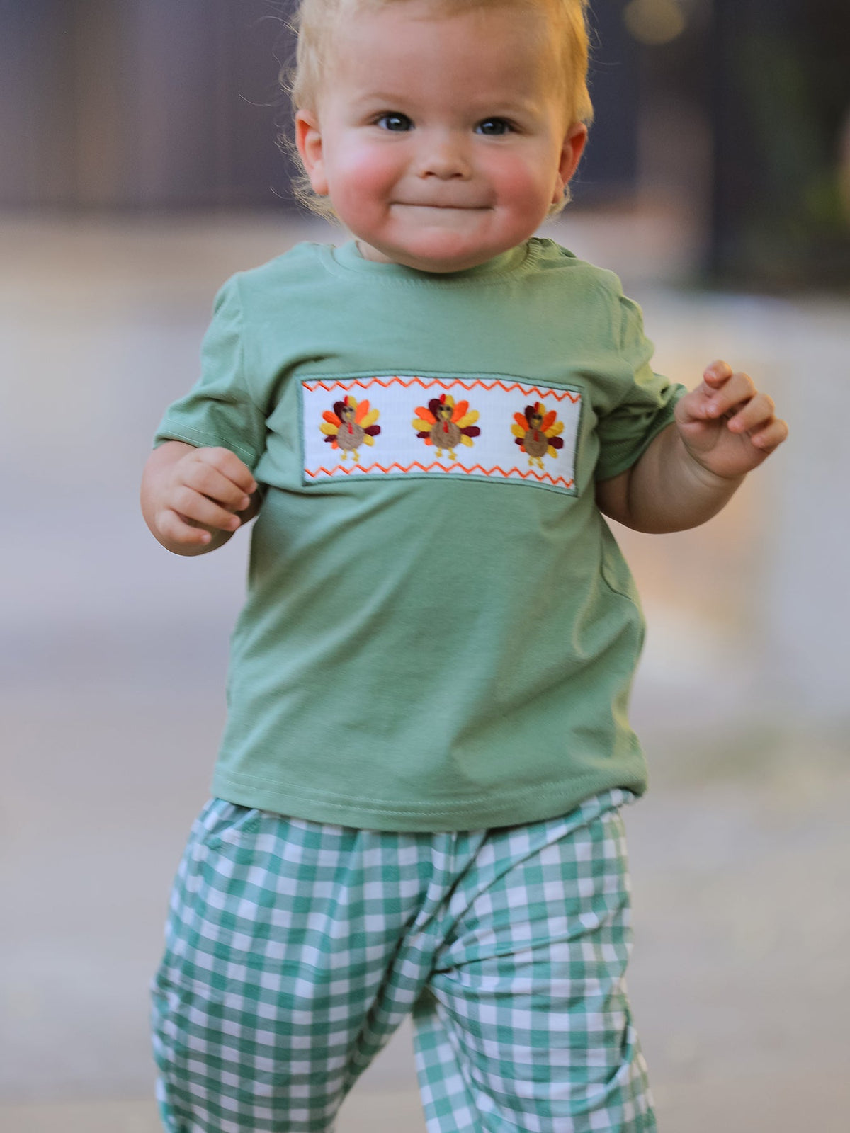 Fall Thanksgiving Turkey Smock Embroidered Green Plaid Boys 'Set