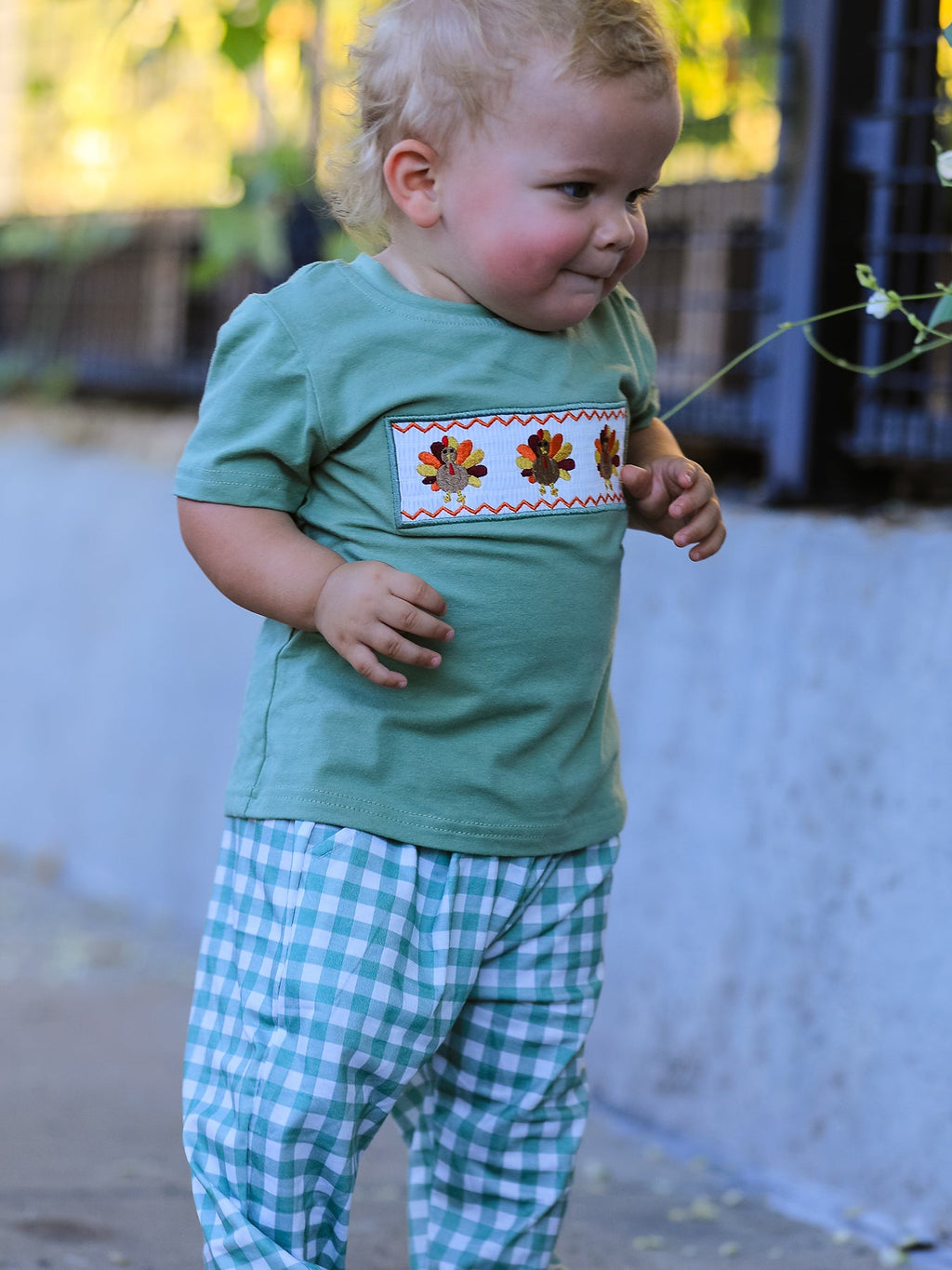 Fall Thanksgiving Turkey Smock Embroidered Green Plaid Boys 'Set