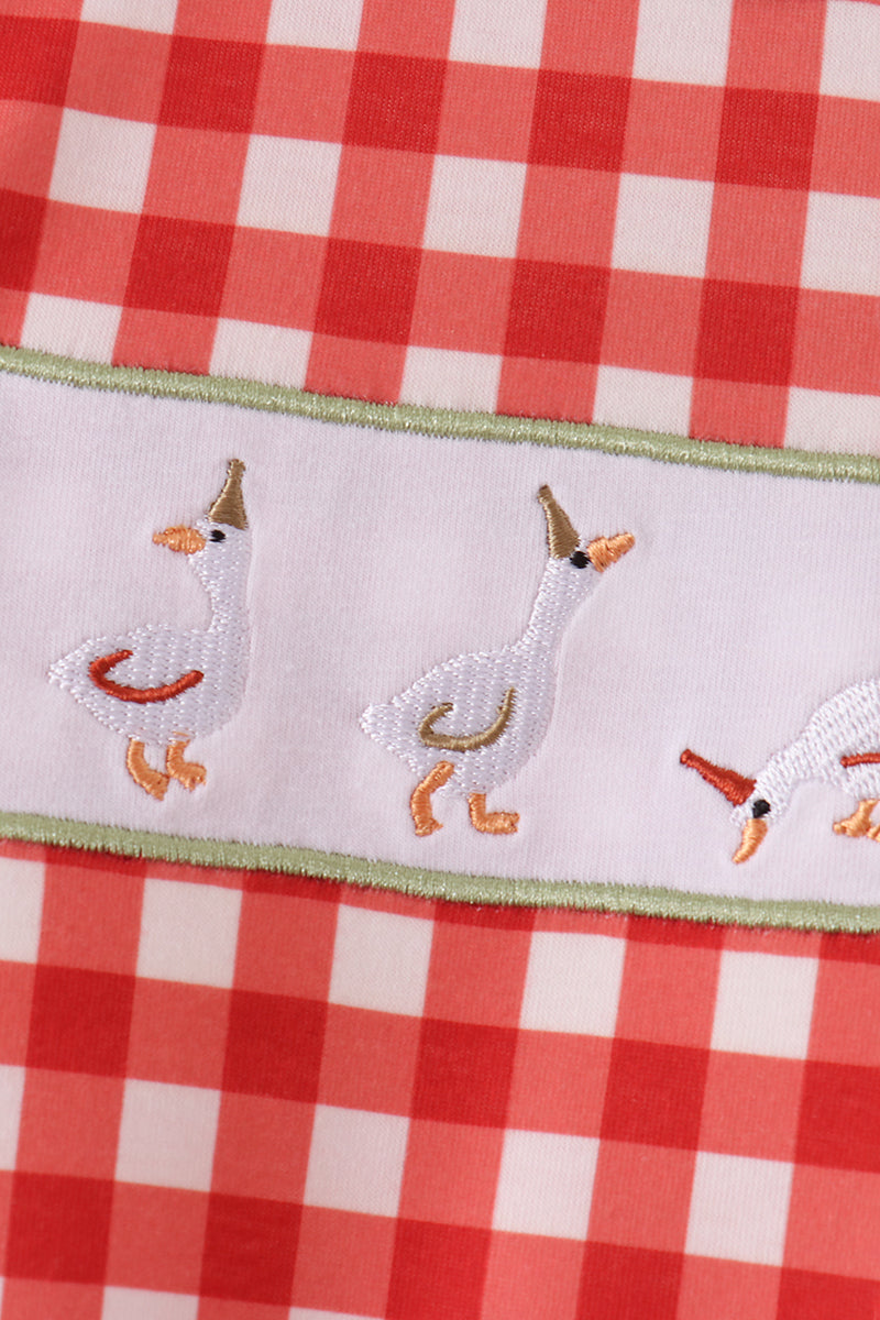 Red goose embroidery gingham romper