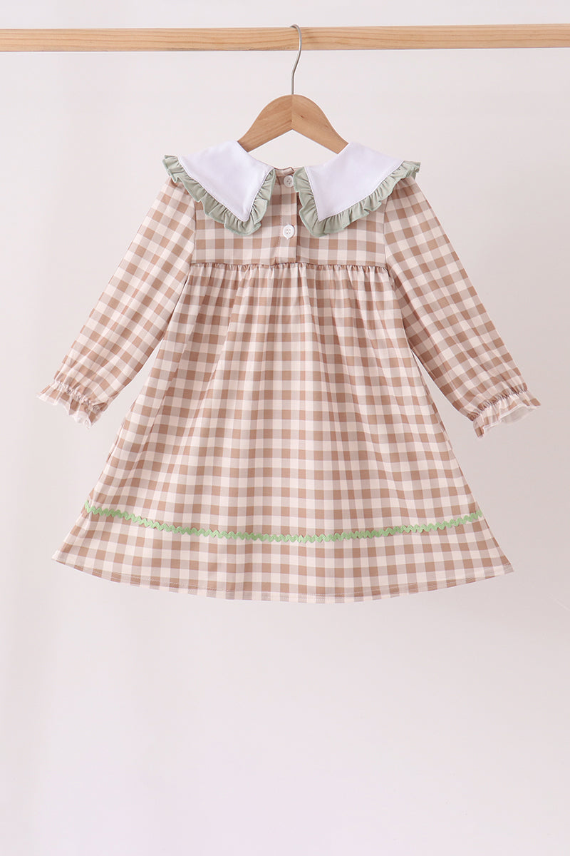 Brown turkey embroidery gingham ruffle dress