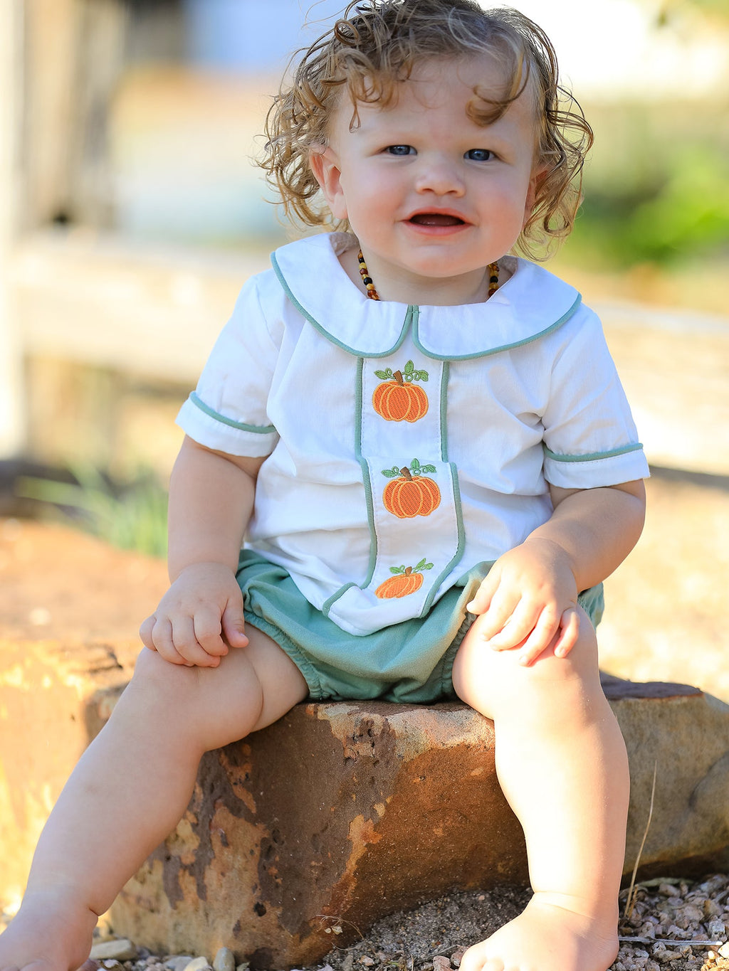 Fall Halloween & Thanksgiving Applique Plaid Boys Bloomers Romper Set