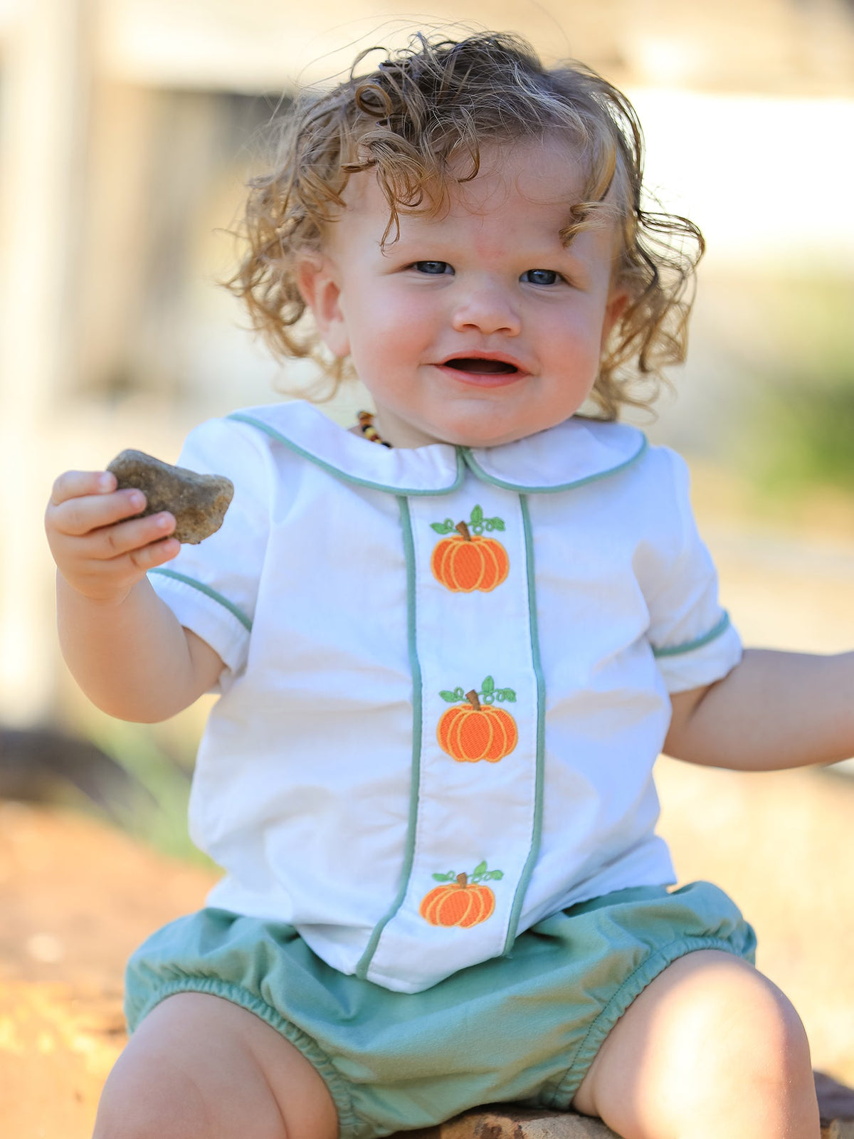 Fall Halloween & Thanksgiving Applique Plaid Boys Bloomers Romper Set