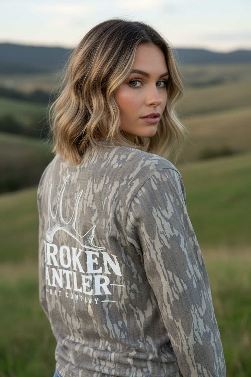 Broken Antler Hat Co.- Broken Antler Long Sleeve Shirt Camo/ White