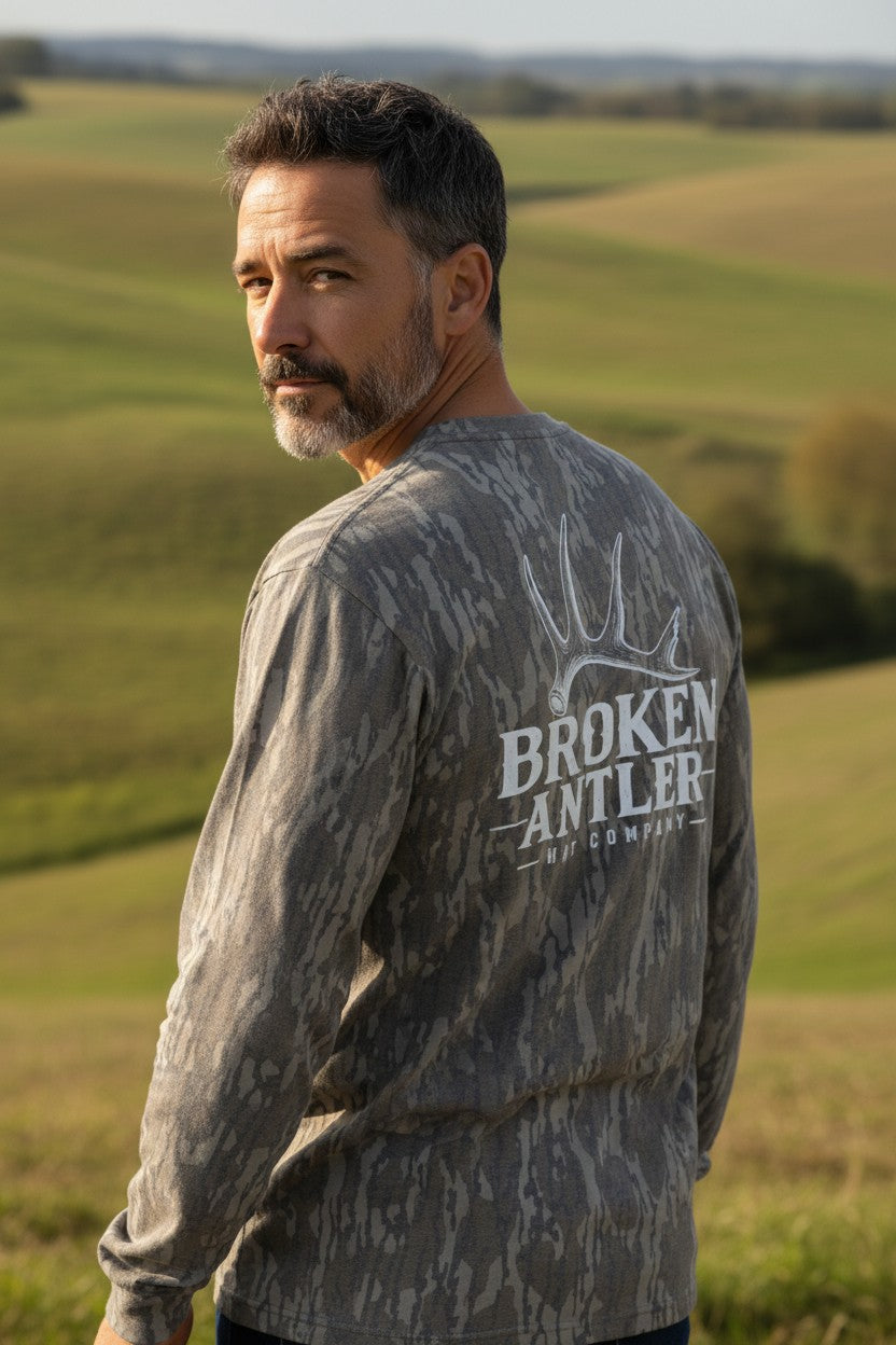 Broken Antler Hat Co.- Broken Antler Long Sleeve Shirt Camo/ White