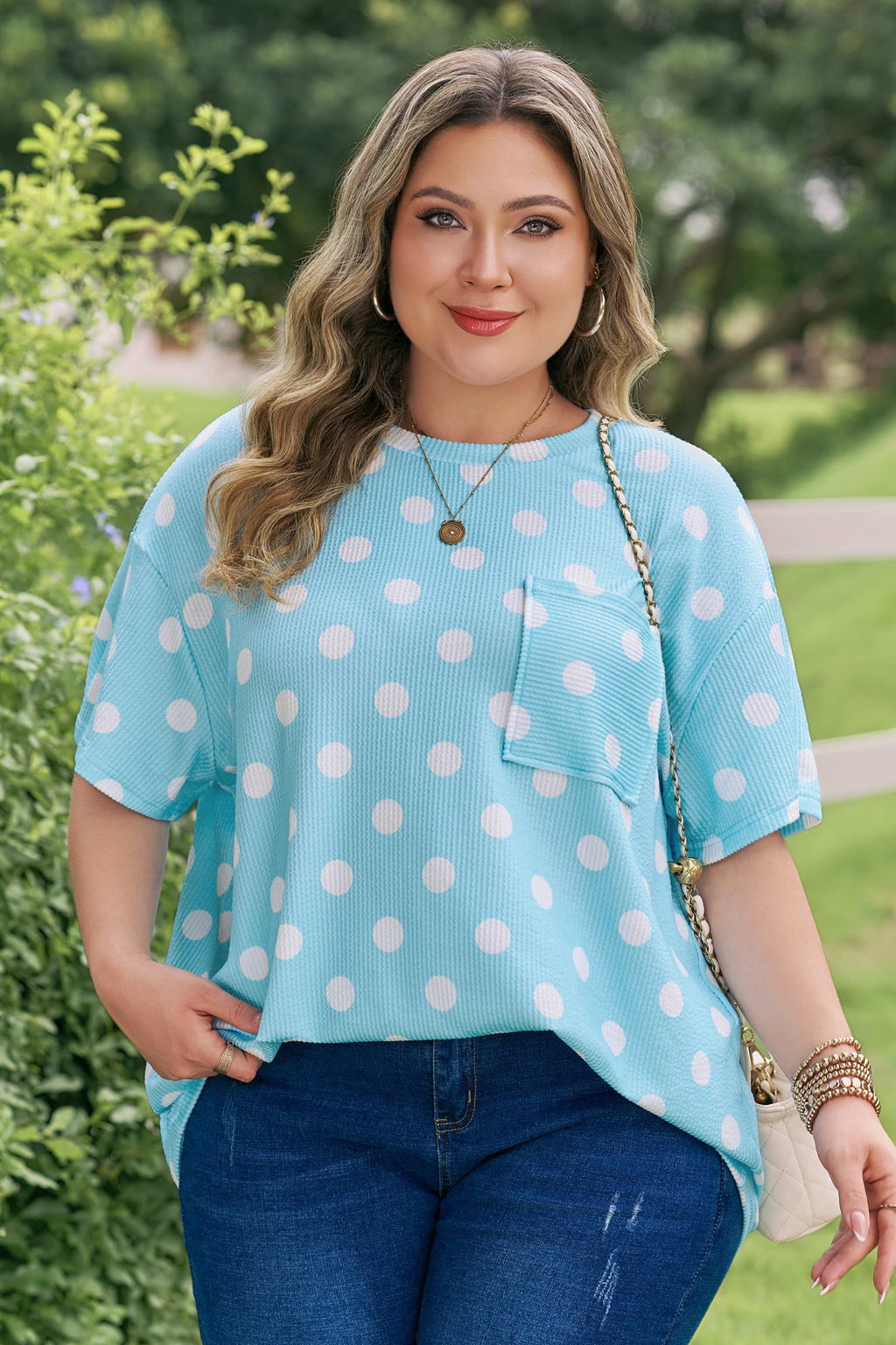 Sky Blue Twisted Rib Polka Dot Print Plus Size T Shirt