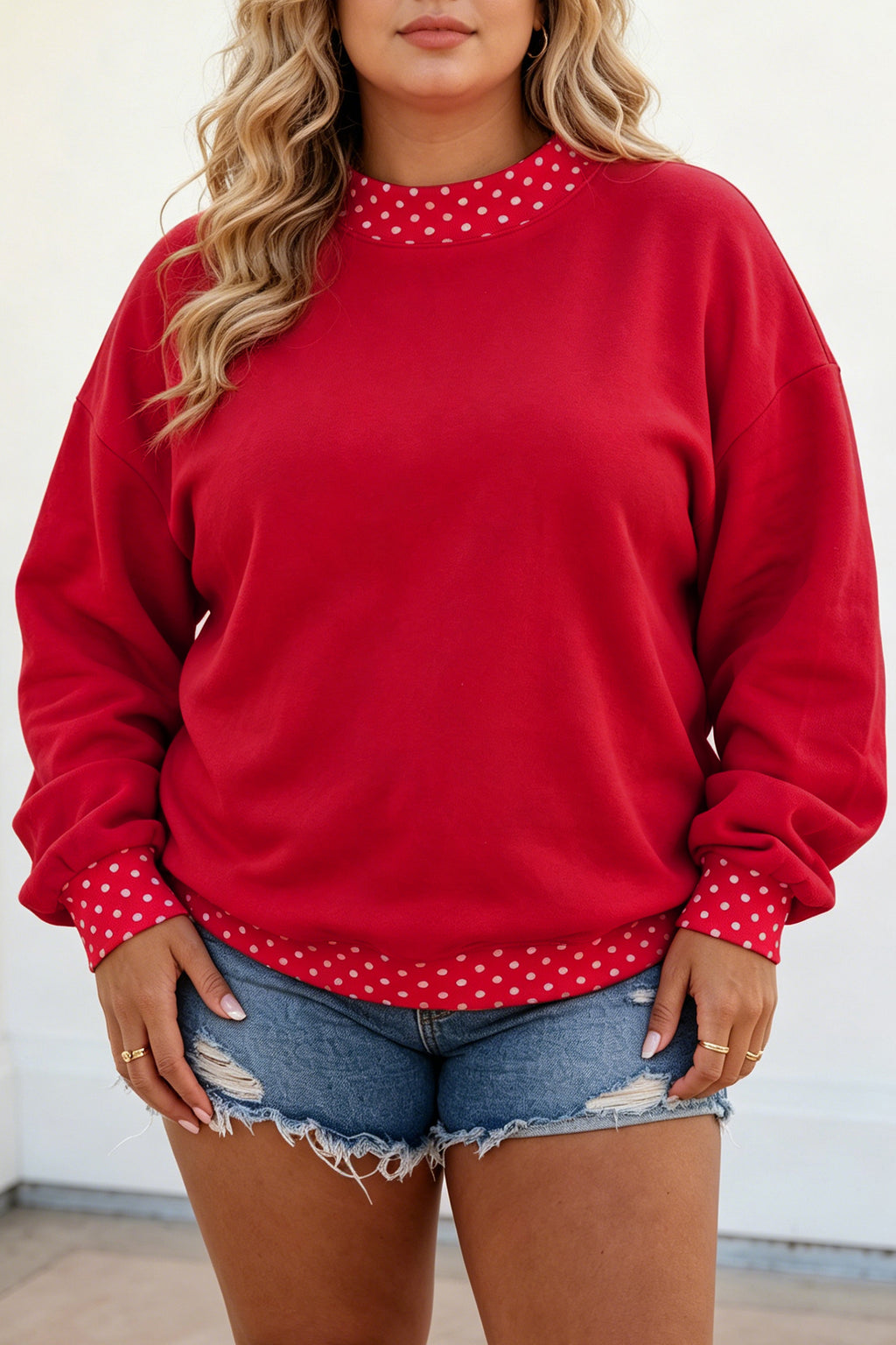 Dirty blue Polka Dot Patchwork Round Neck Plus Size Sweatshirt