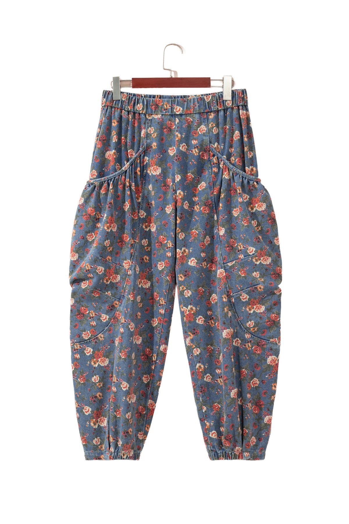 Beau Blue Retro Floral Print Elastic Waist Pocketed Barrel Jeans