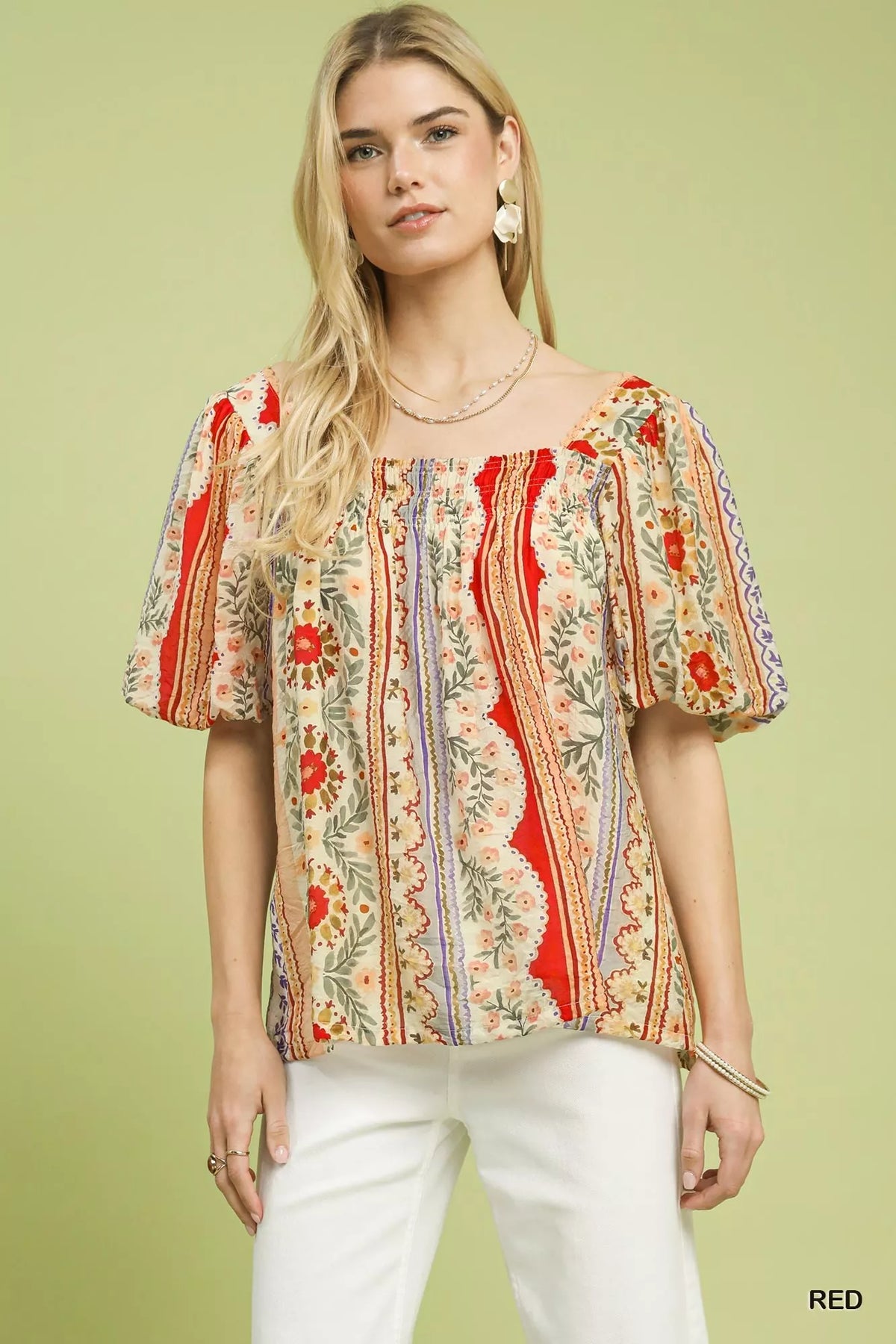 Umgee Patchwork Puff Sleeve Smocked Blouse
