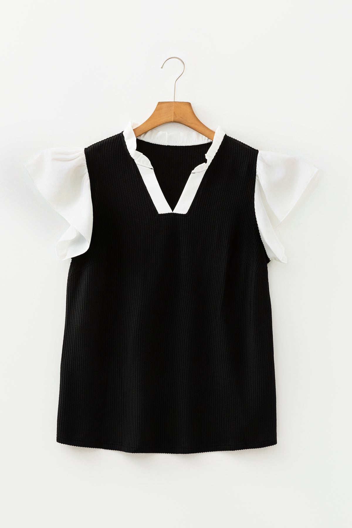 Black Plus Size Contrast Frilled Neckline Ruffled Short Sleeve Ribbed Textured Blouse