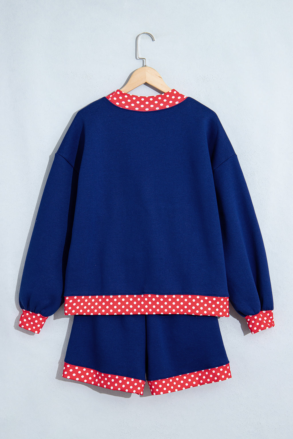 Dark Blue Polka Dot Trim Baggy Pullover 2pcs Short Set