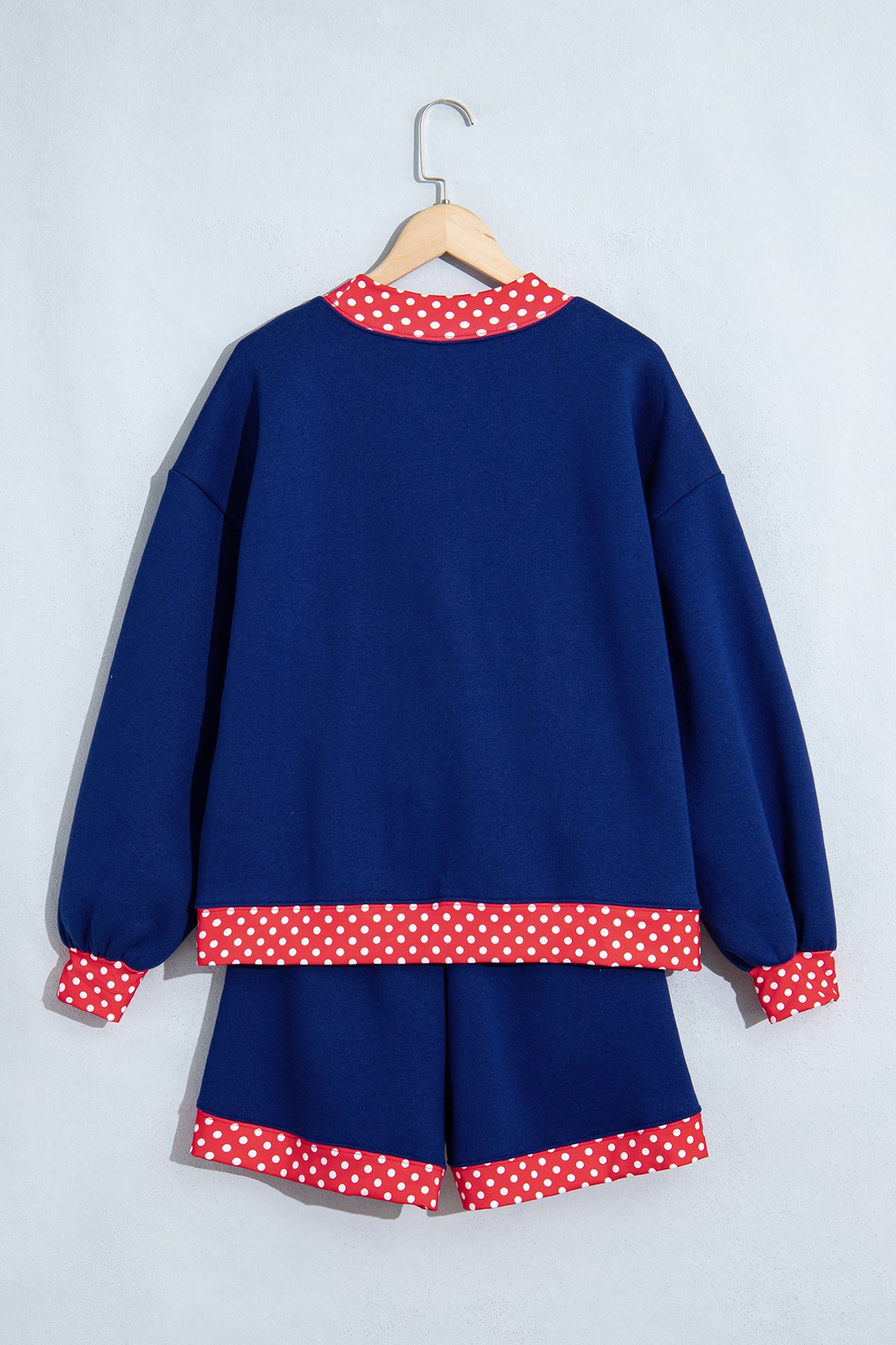 Dark Blue Polka Dot Trim Baggy Pullover 2pcs Short Set