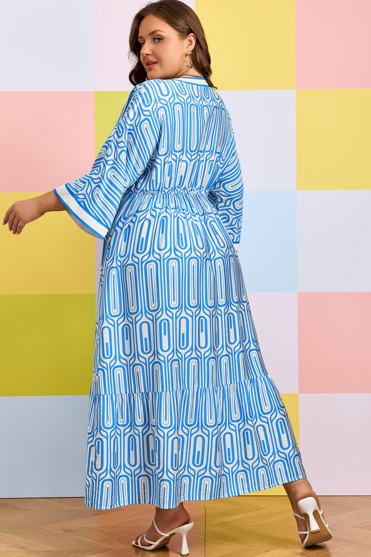 Sky Blue Plus Size Geometric Print Contrast Trim V Neck Bracelet Sleeve Long Dress
