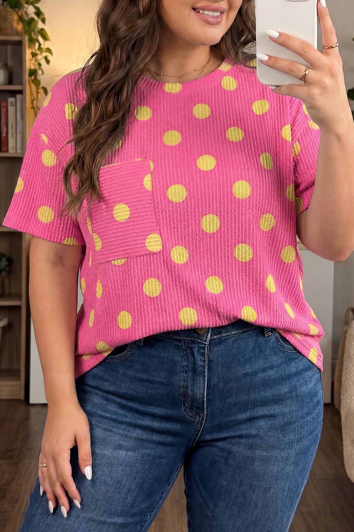 Sky Blue Twisted Rib Polka Dot Print Plus Size T Shirt