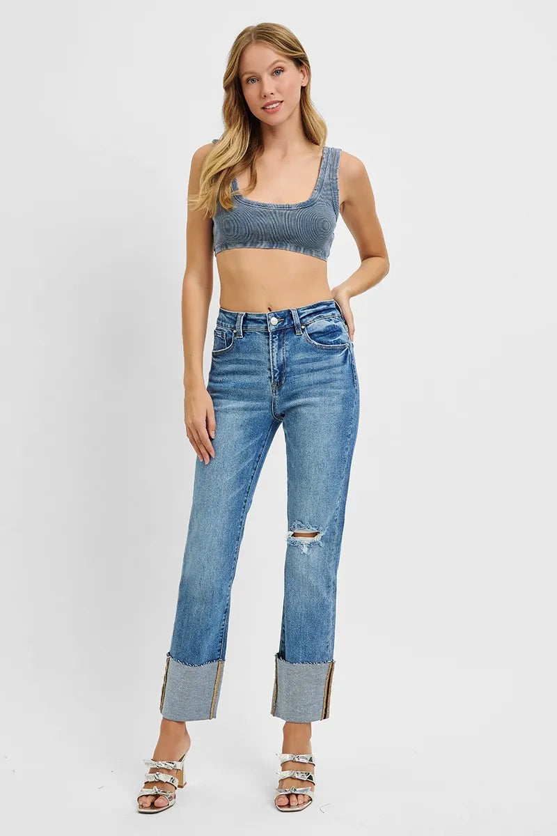 RISEN Full Size High Rise Ankle Straight Wide Cuffed Jeans Plus Size