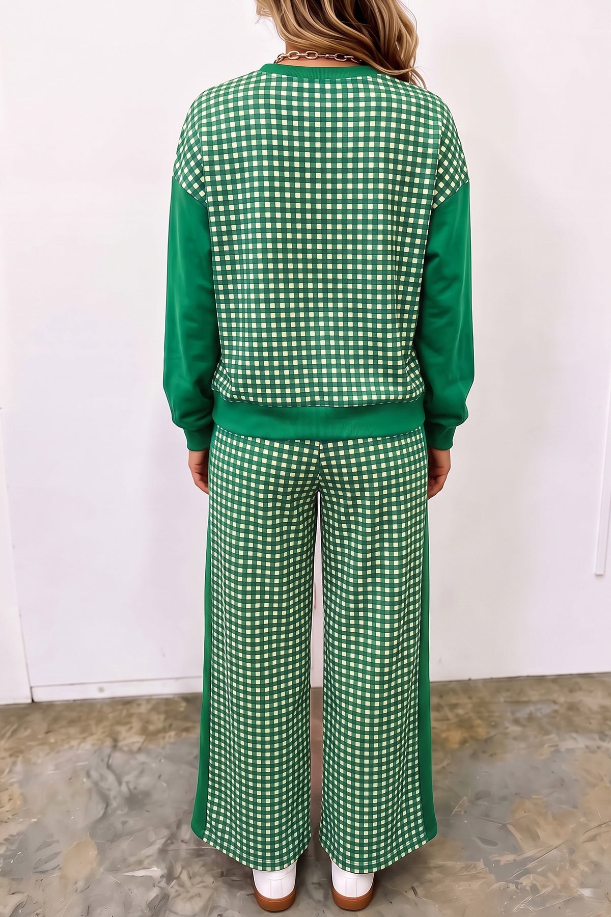Khaki Color Block Plaid Patchwork Long Sleeve Pullover Wide Leg Pant Set