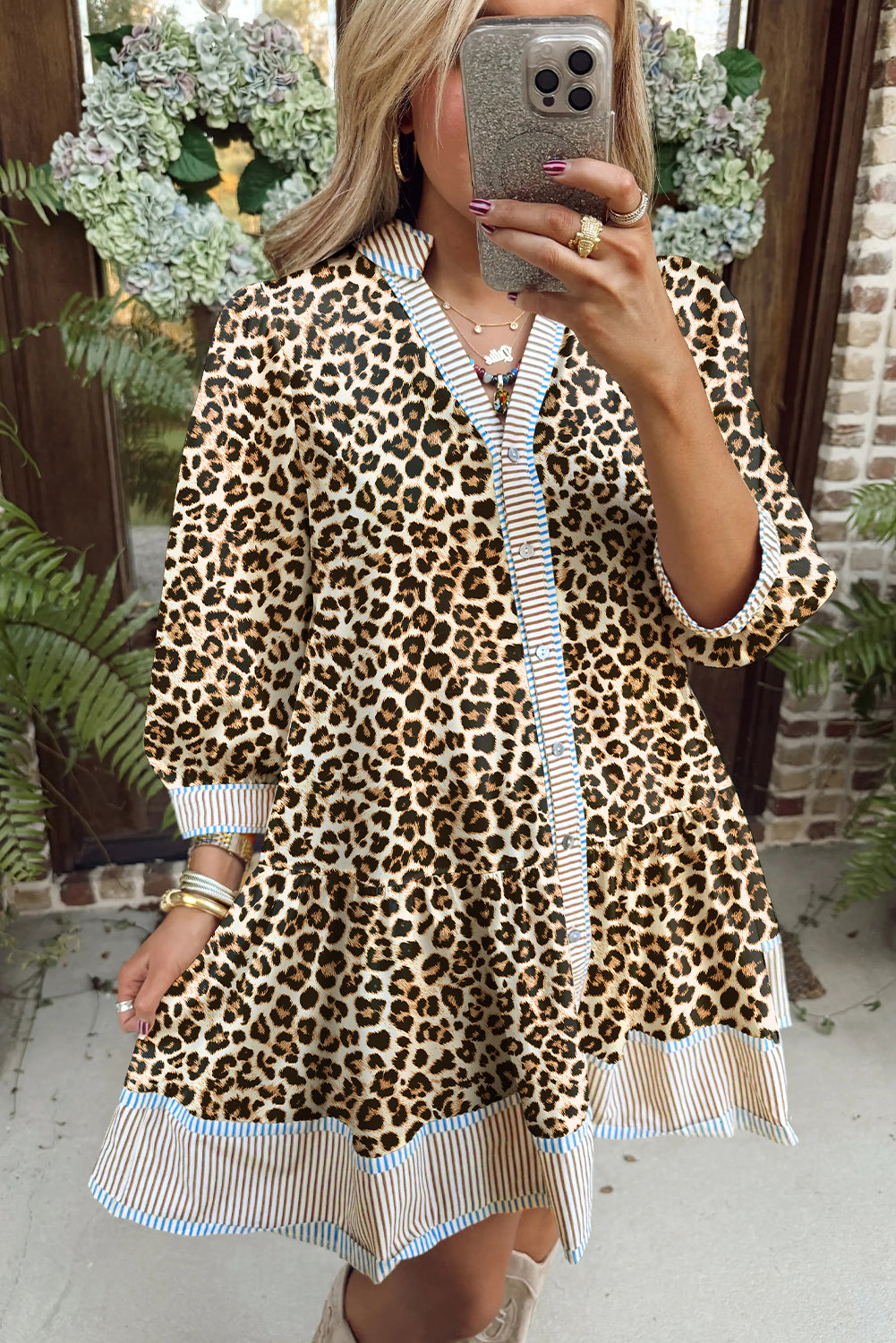 Khaki Plus Size Leopard Print Striped Trim V Neck Drop Waist Long Sleeve Mini Dress