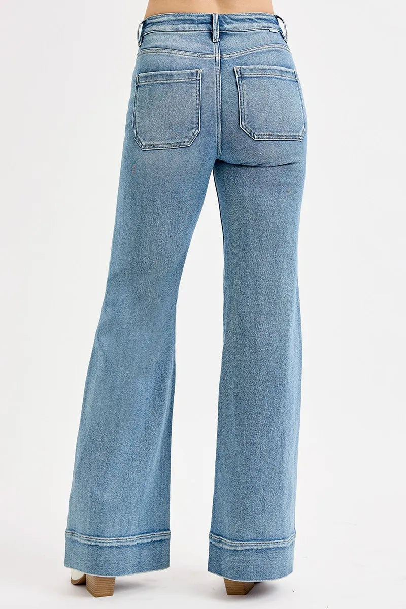 RISEN High Rise Wide Flare Patch Pocket Jeans