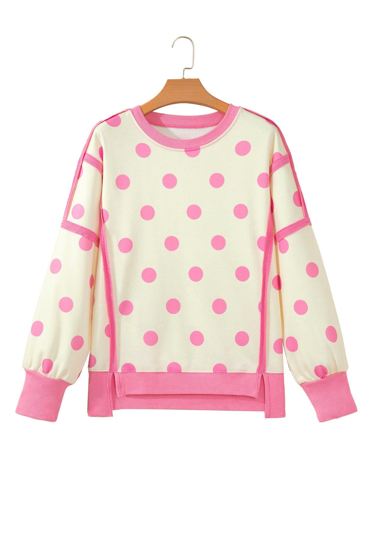 White Polka Dot Contrast Patchwork Round Neck Baggy Sweatshirt