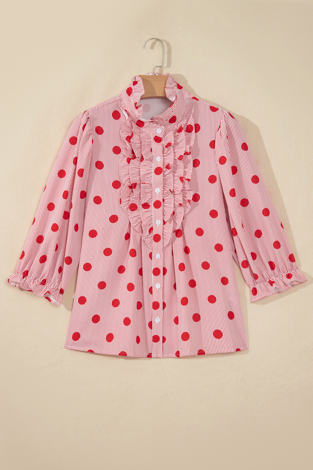 Sky Blue Polka Dot Print Ruffle Stand Neck 3/4 Sleeve Shift Shirt
