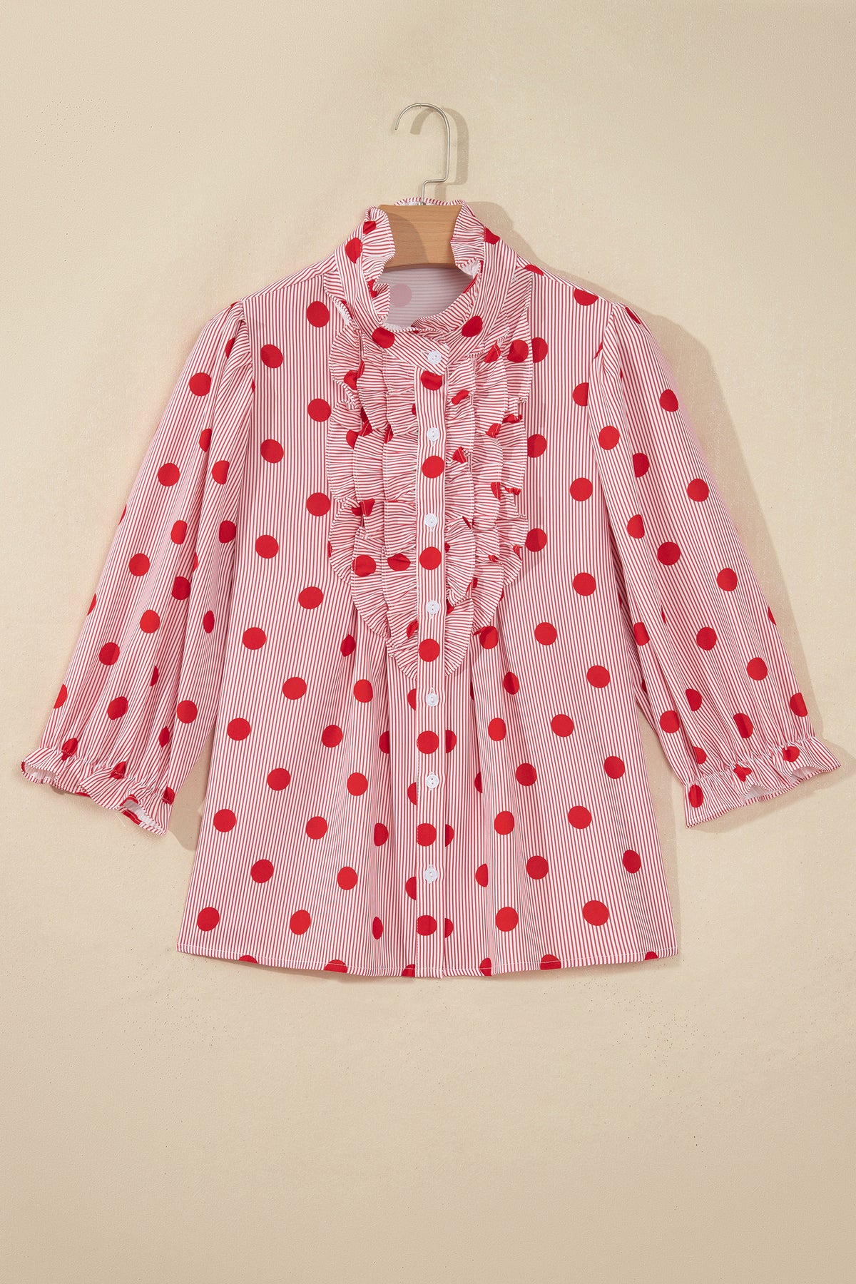 Sky Blue Polka Dot Print Ruffle Stand Neck 3/4 Sleeve Shift Shirt