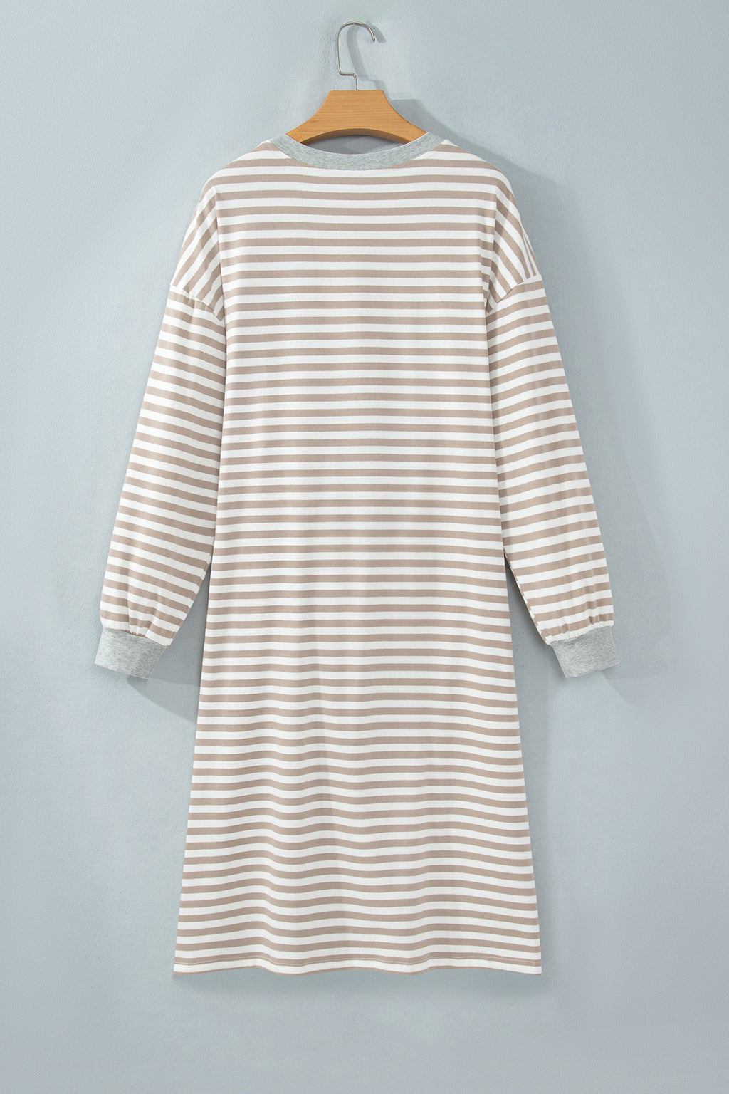 Khaki Stripe Striped Colorblock Cuffs Round Neck Long Sleeve Shift Dress