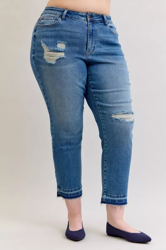 Judy Blue Mid Rise Patch & Repair Destroy Release Hem Boyfriend Jeans