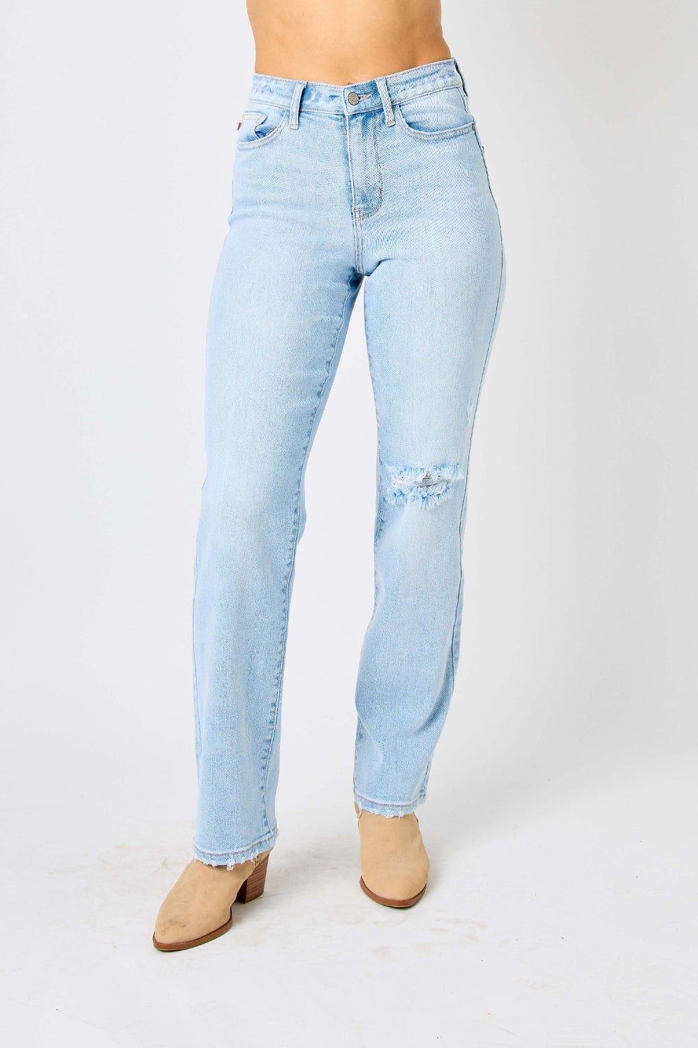 Judy Blue High Waisted Distressed Straight Leg Blue Denim Jeans