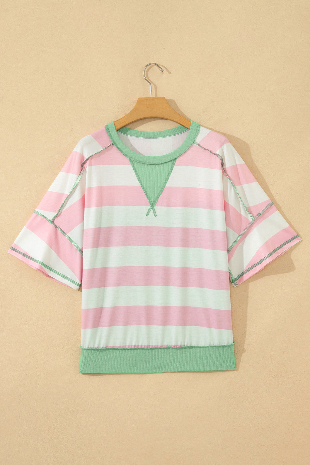 Pink Stripe Exposed Seam Ribbed Patchwork Oversized Tee
