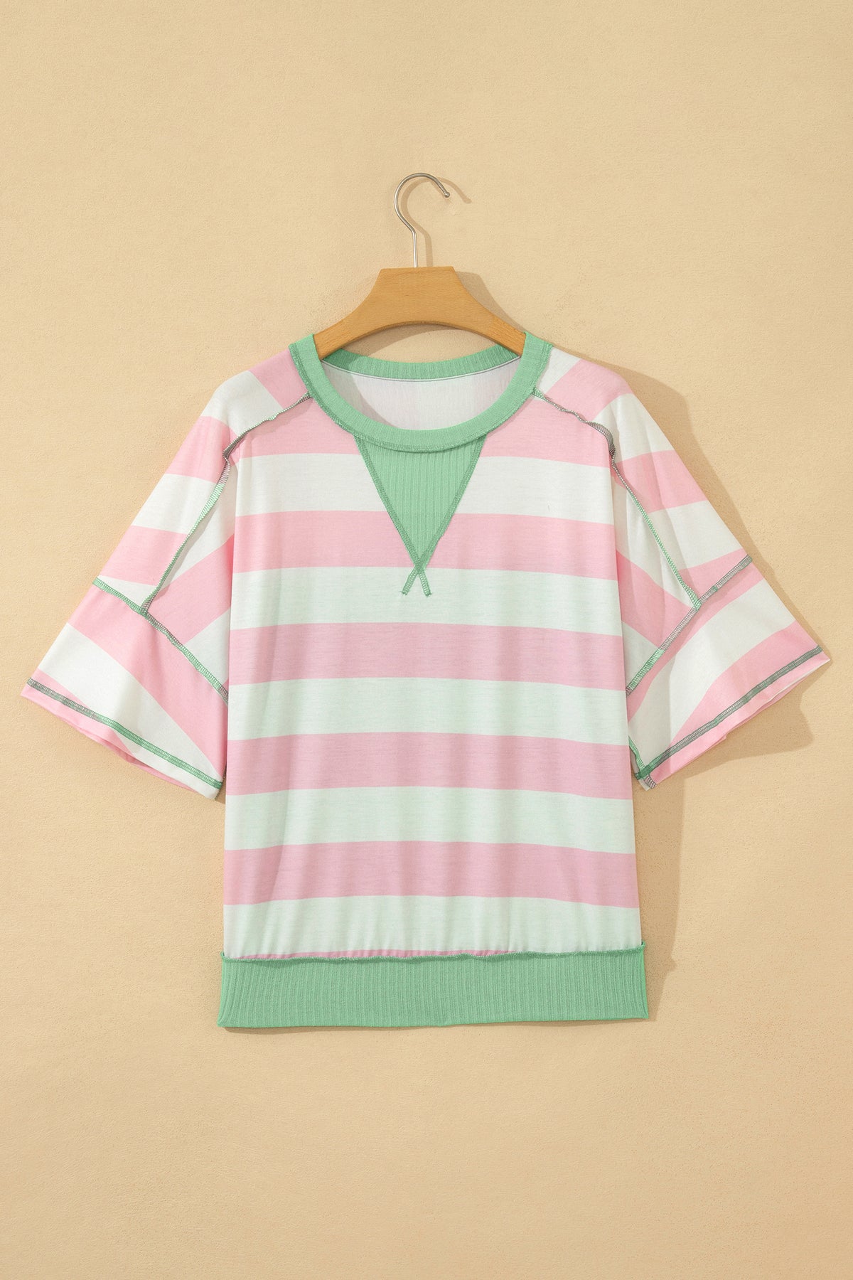 Pink Stripe Exposed Seam Ribbed Patchwork Oversized Tee