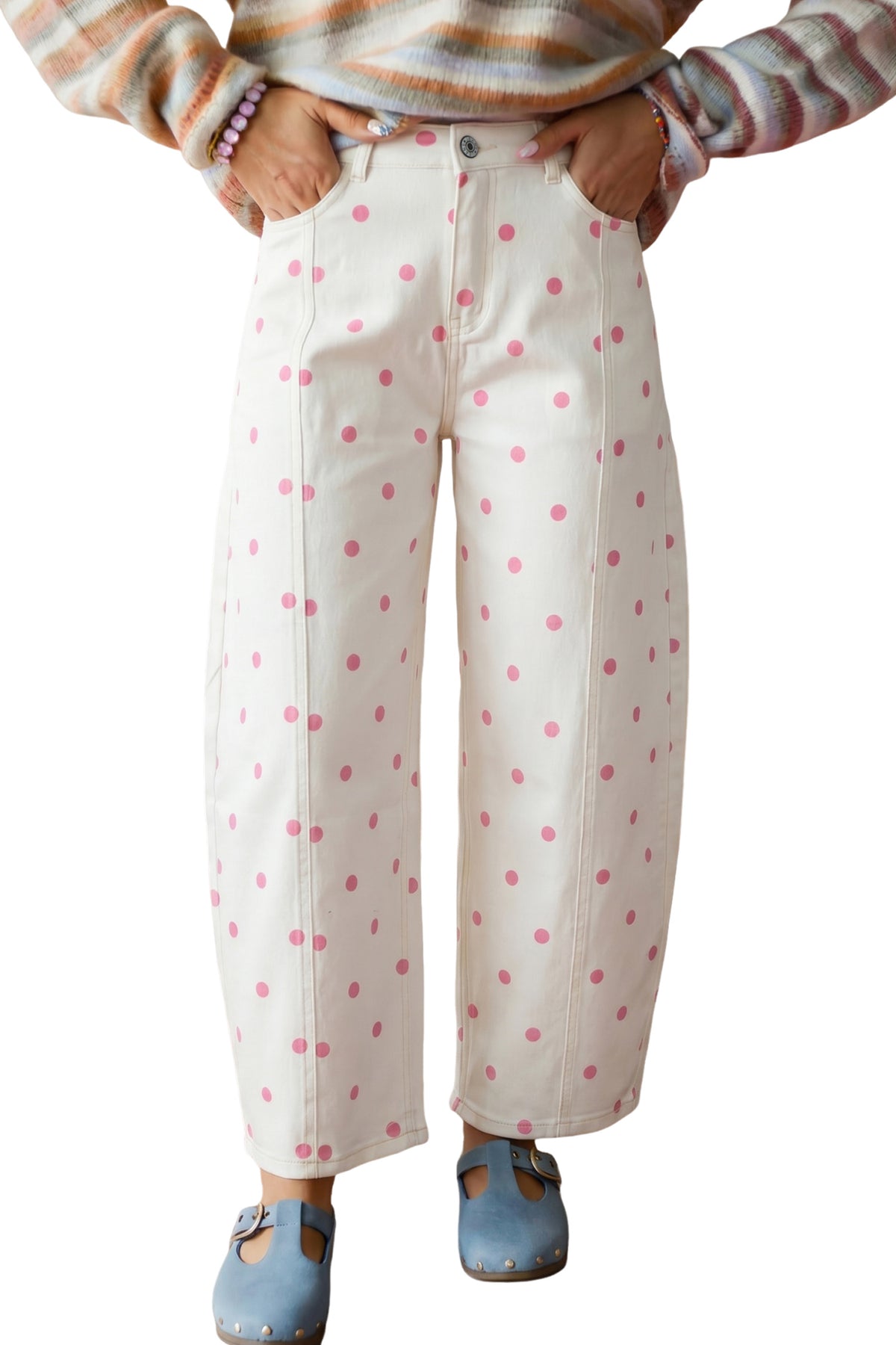 Pink Tailored Seam Polka Dot Print Ankle Length Casual Jeans