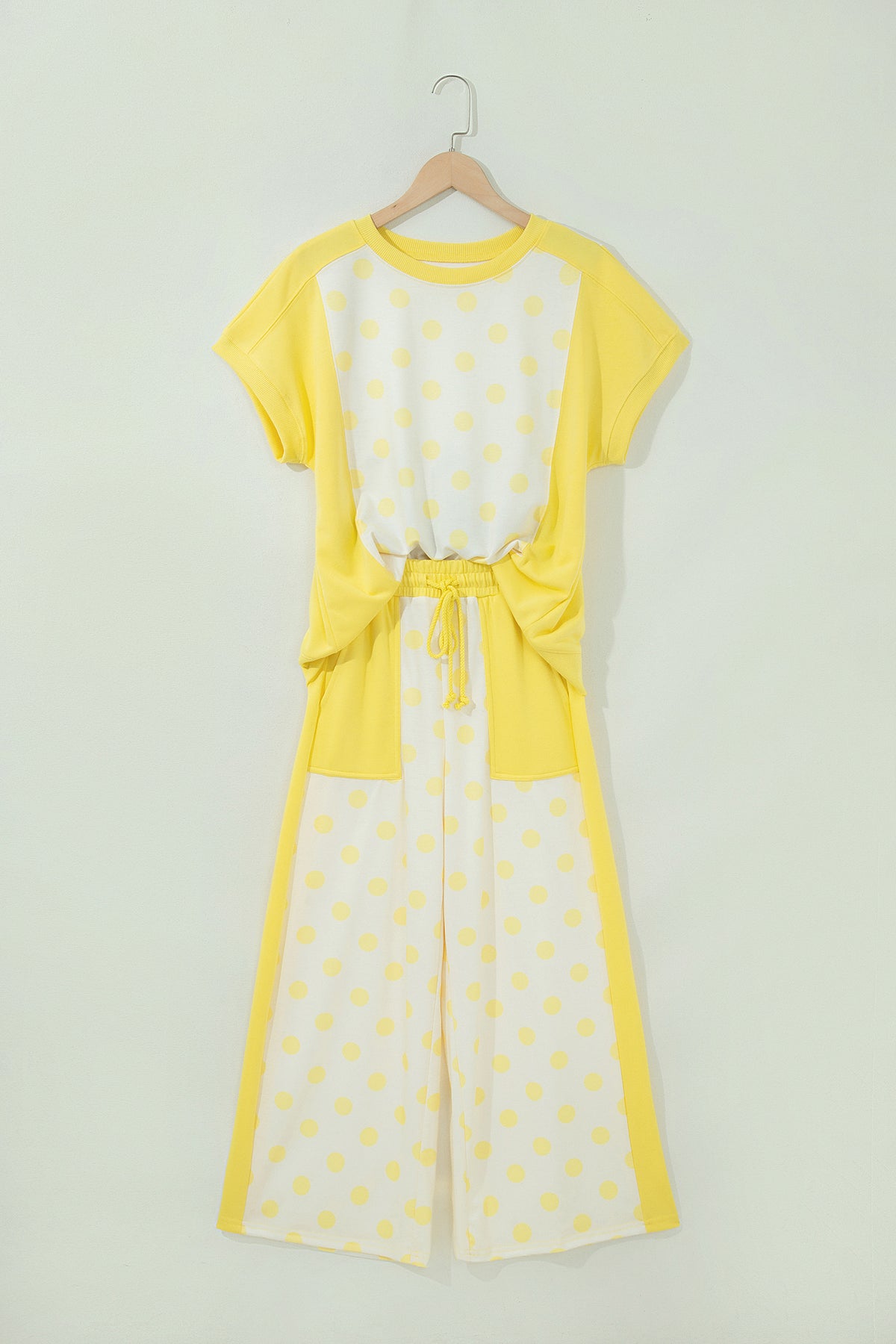 Pink Color Block Patchwork Polka Dot Wide Leg Pant Set